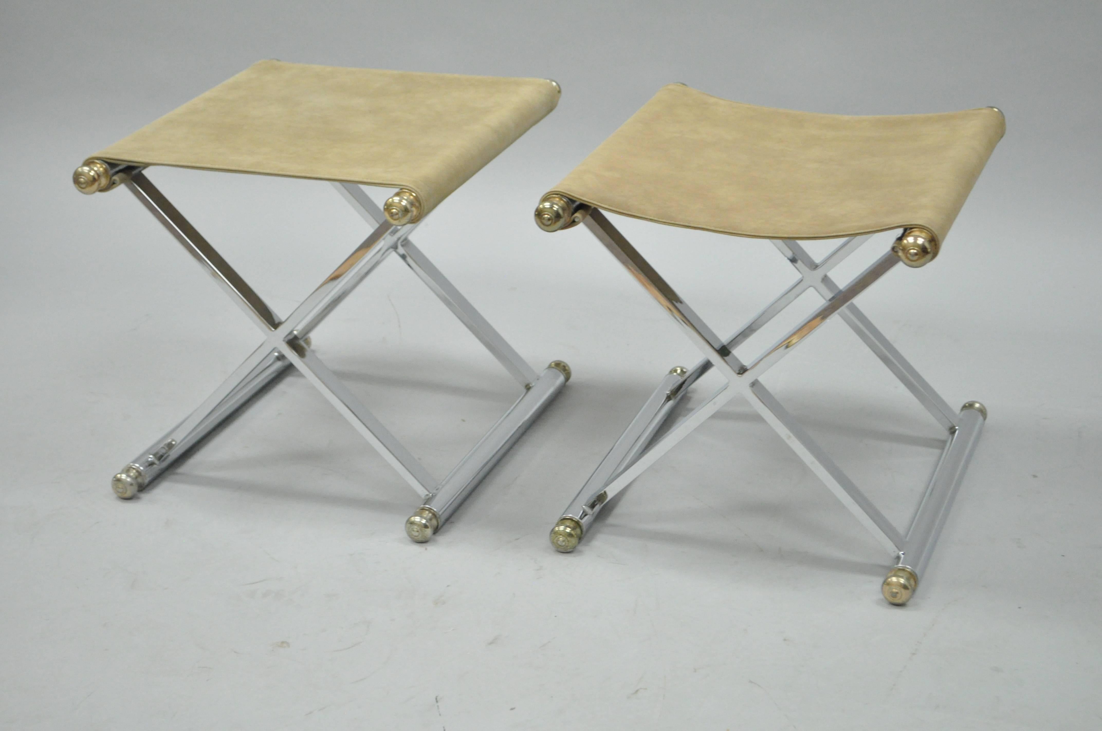 Pair of Hollywood Regency Maison Jansen Style X-Frame Chrome and Brass Stools 2