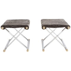 Pair of Hollywood Regency Maison Jansen Style X-Frame Chrome and Brass Stools