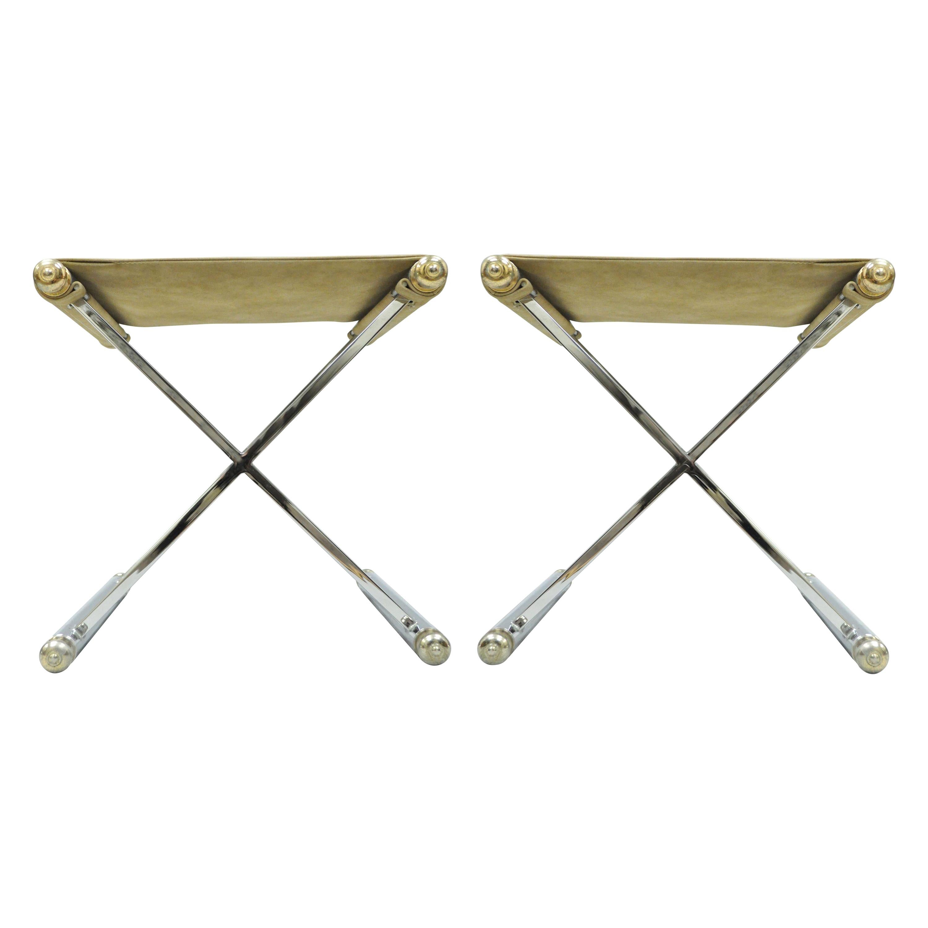 Pair of Hollywood Regency Maison Jansen Style X-Frame Chrome and Brass Stools