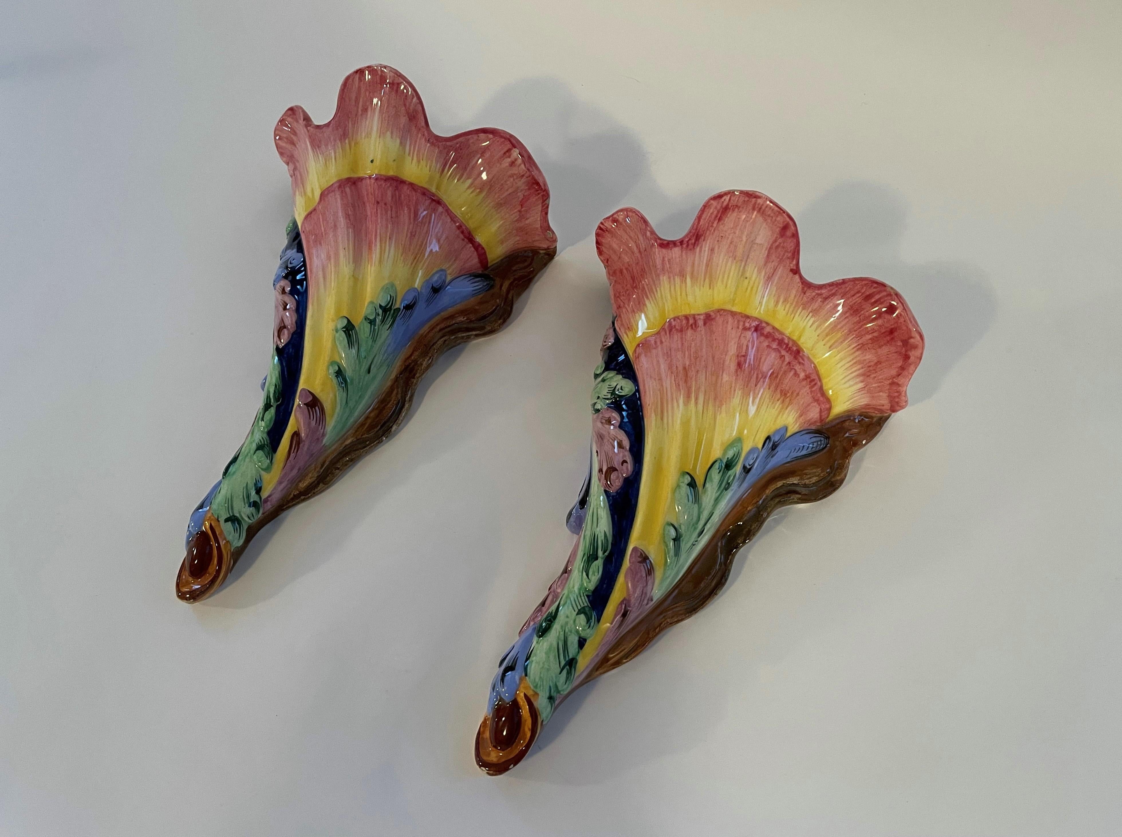 Hand-Crafted Pair of Hollywood Regency Majolica Wall Pockets - Italy - Circa 1960's For Sale