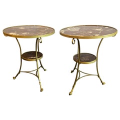 Pair of Hollywood Regency Marble-Top Bronze Bouillotte Tables End/Side Tables