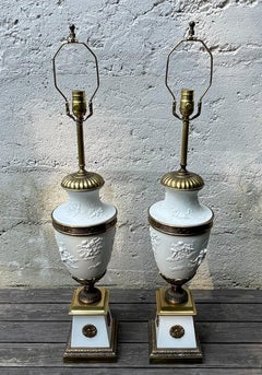 Pair of Hollywood Regency Neoclassical White Porcelain Urn Table Lamps, Bavaria