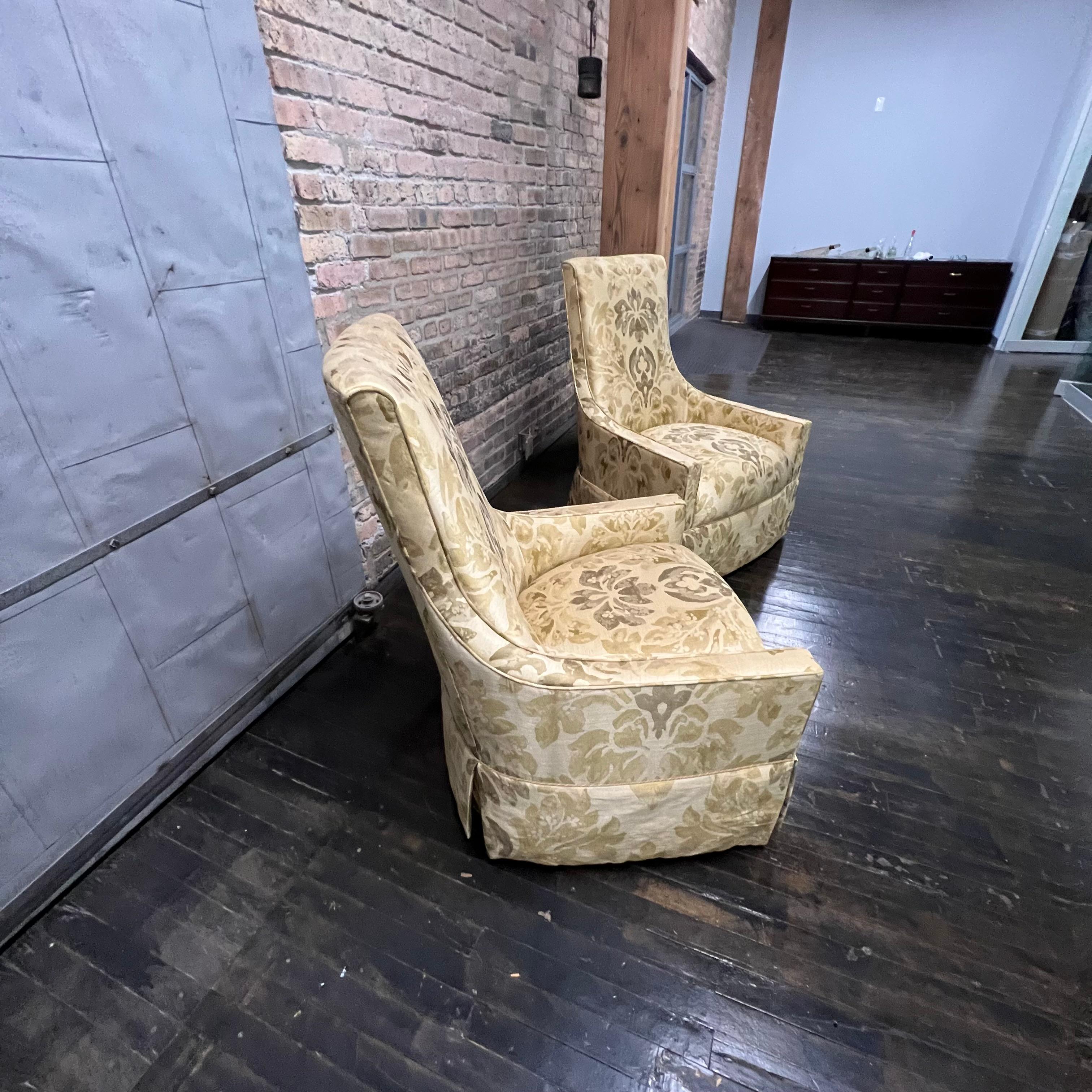 Pair of Hollywood Regency Mid-Century High Back Upholstered Lounge Chairs In Good Condition For Sale In Chicago, IL