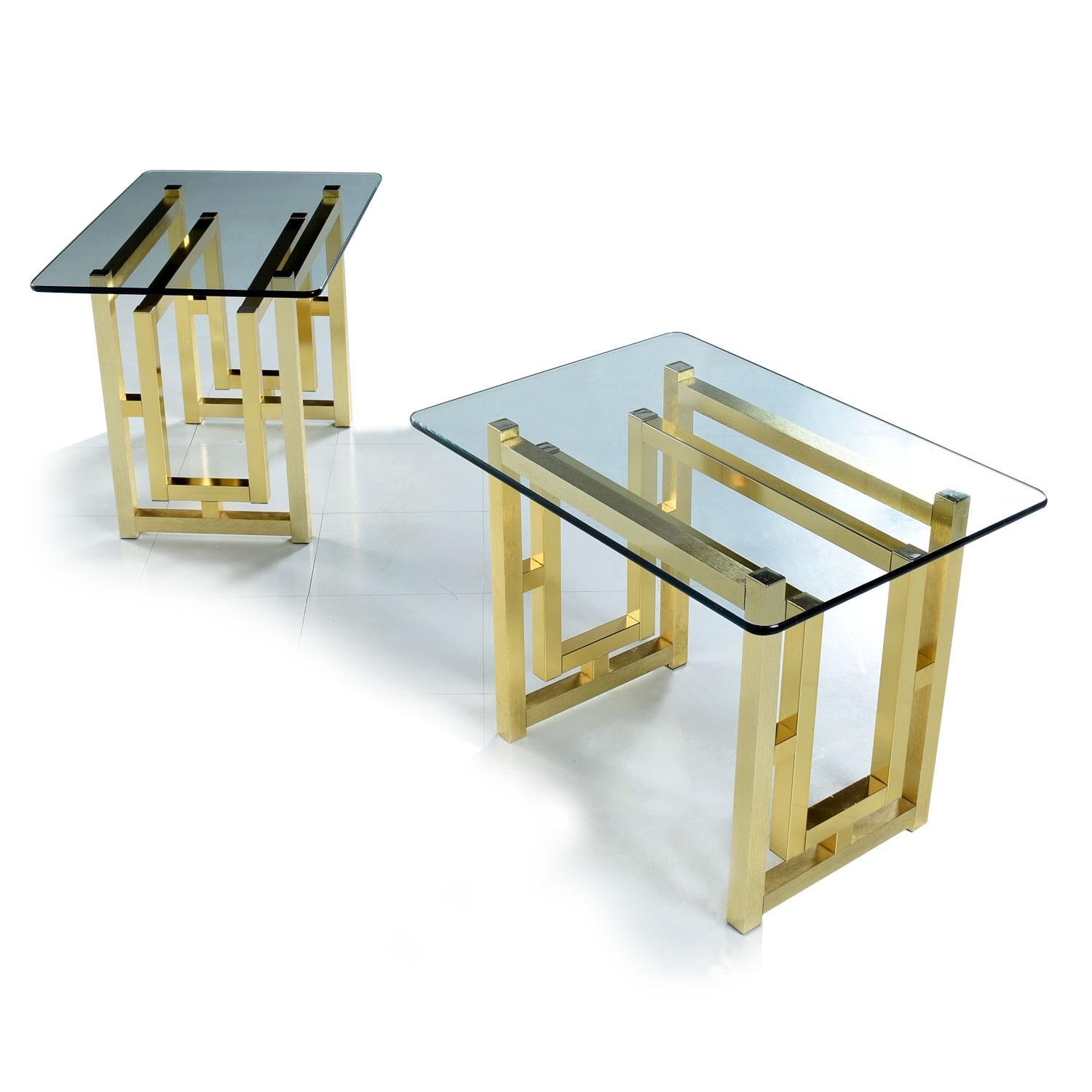 Brushed Pair of Hollywood Regency Mid-Century Modern Gold Brass End Tables