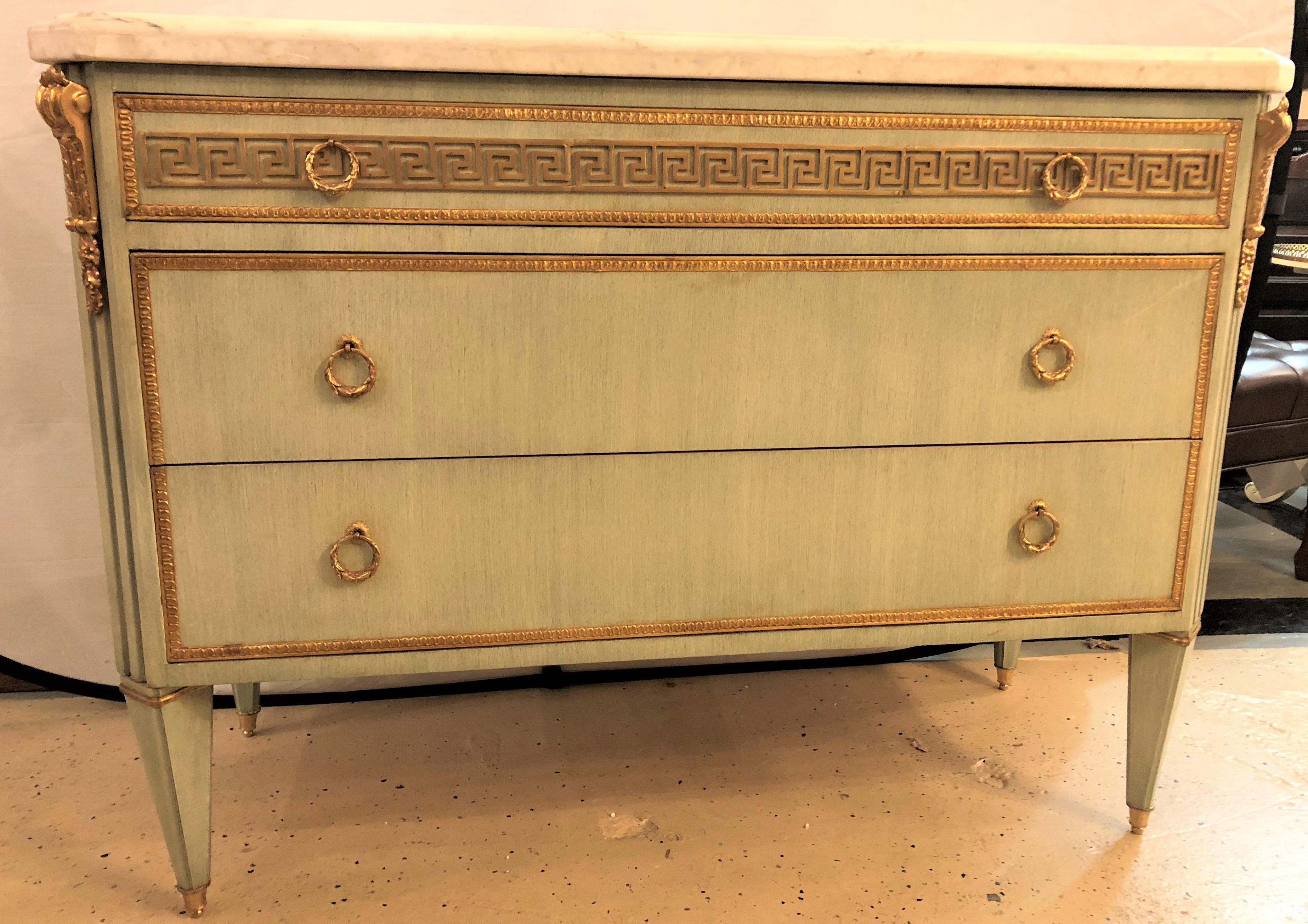 Pair of Hollywood Regency Mint Green Marble-Top Faux Linen Look Commodes In Good Condition In Stamford, CT