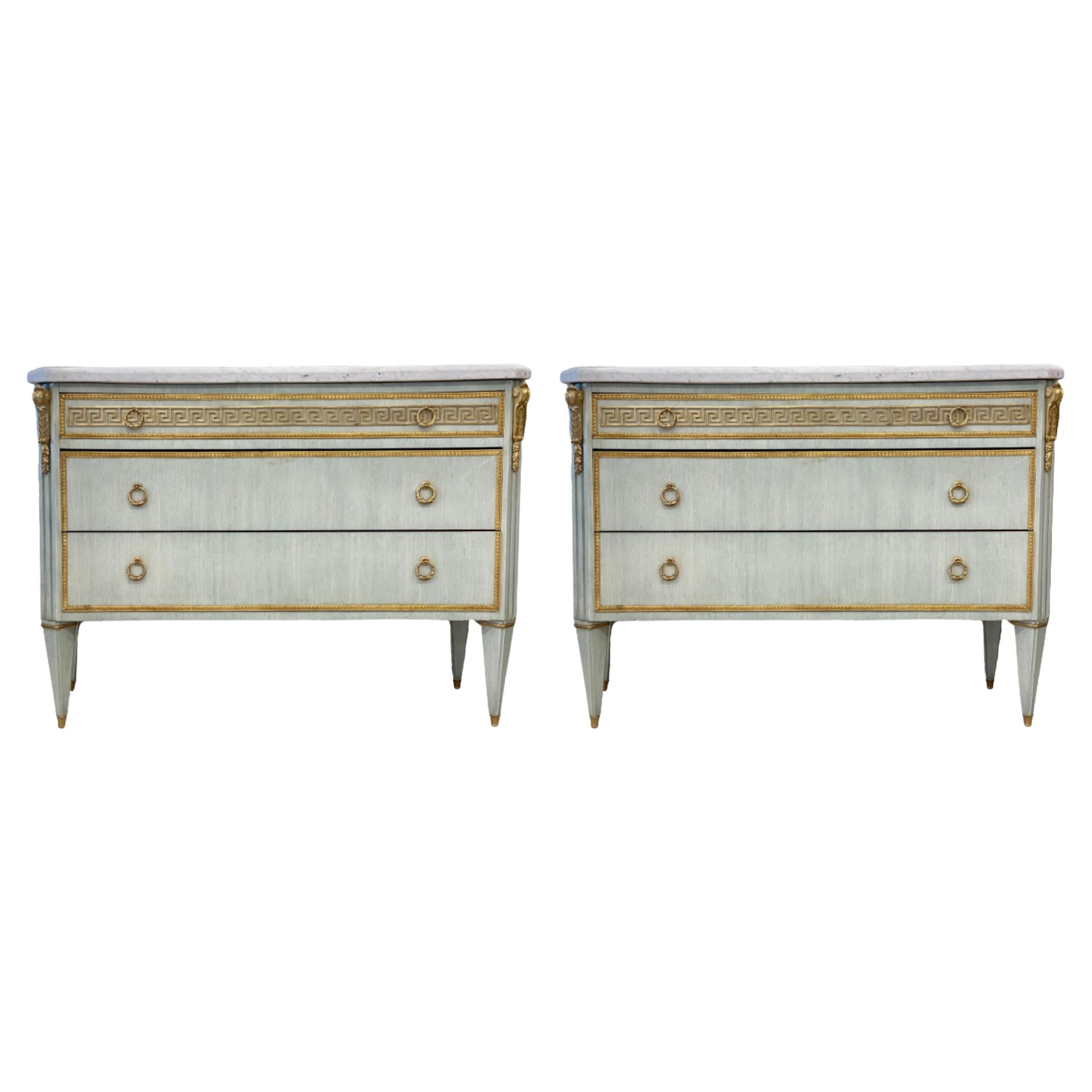 Pair of Hollywood Regency Mint Green Marble-Top Faux Linen Look Commodes at  1stDibs