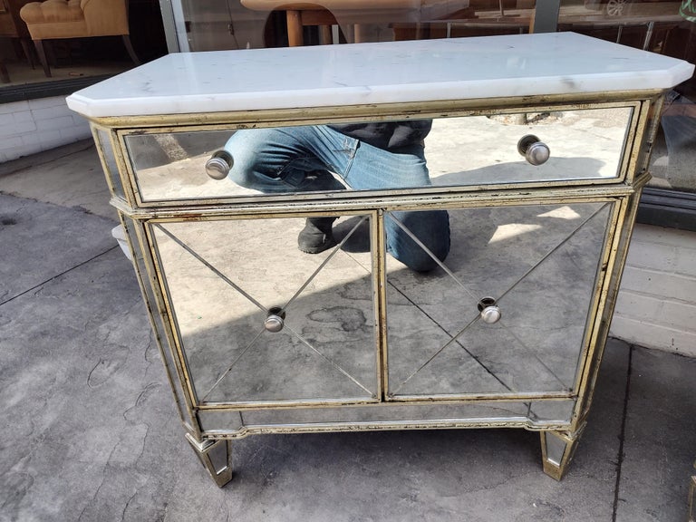 Pair of Hollywood Regency Mirrored Night Tables with Marble Tops For Sale 4