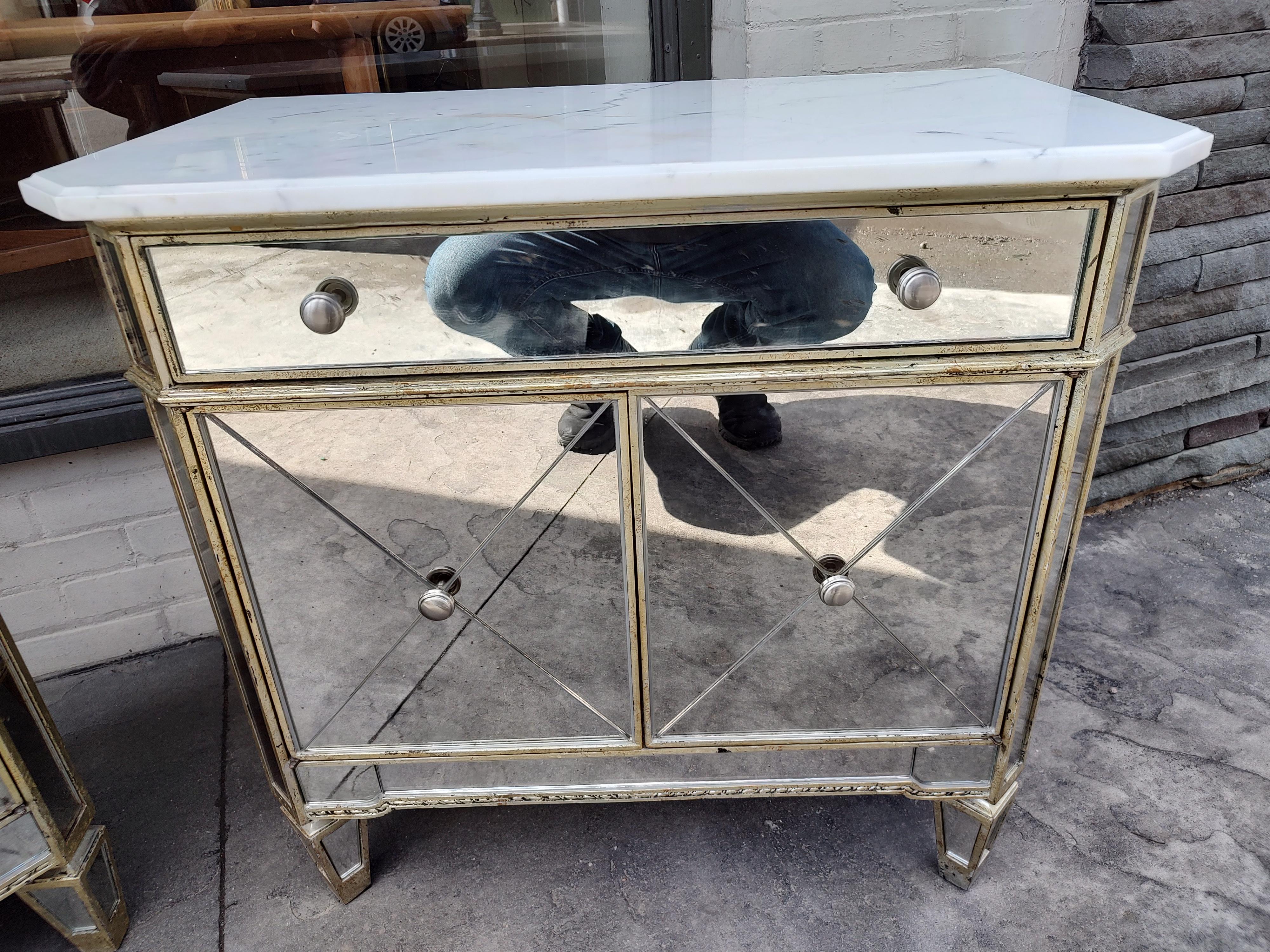 Pair of Hollywood Regency Mirrored Night Tables & Carrara Marble Tops 4