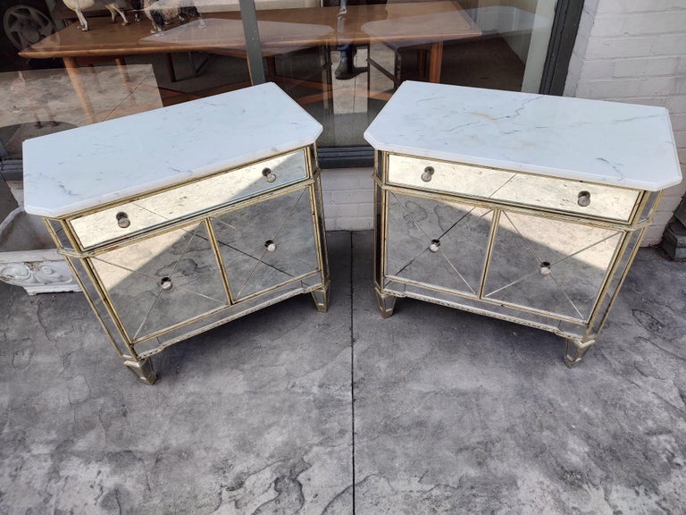 Pair of Hollywood Regency Mirrored Night Tables with Marble Tops For Sale 6