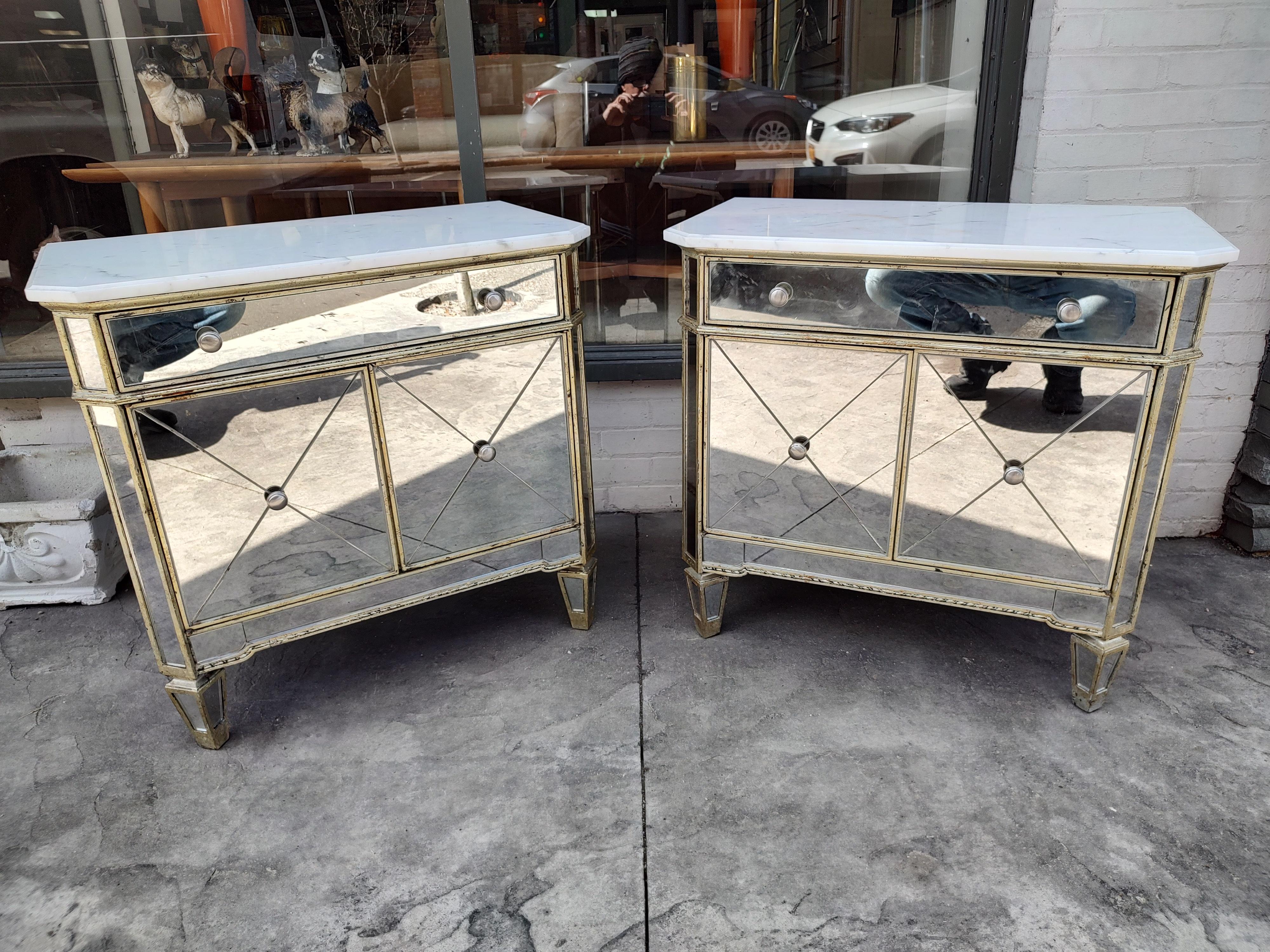 Pair of Hollywood Regency Mirrored Night Tables & Carrara Marble Tops 6