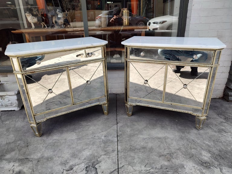 Pair of Hollywood Regency Mirrored Night Tables with Marble Tops For Sale 7