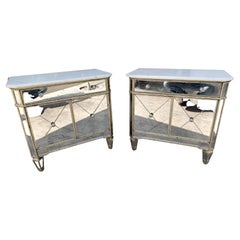 Pair of Hollywood Regency Mirrored Night Tables with Marble Tops