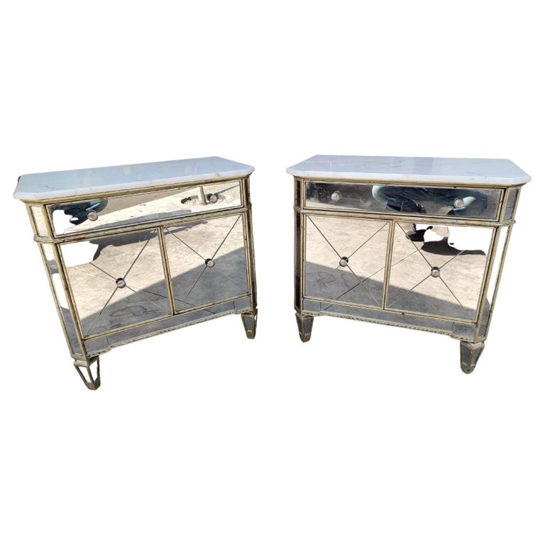 Pair of Hollywood Regency Mirrored Night Tables with Marble Tops For Sale
