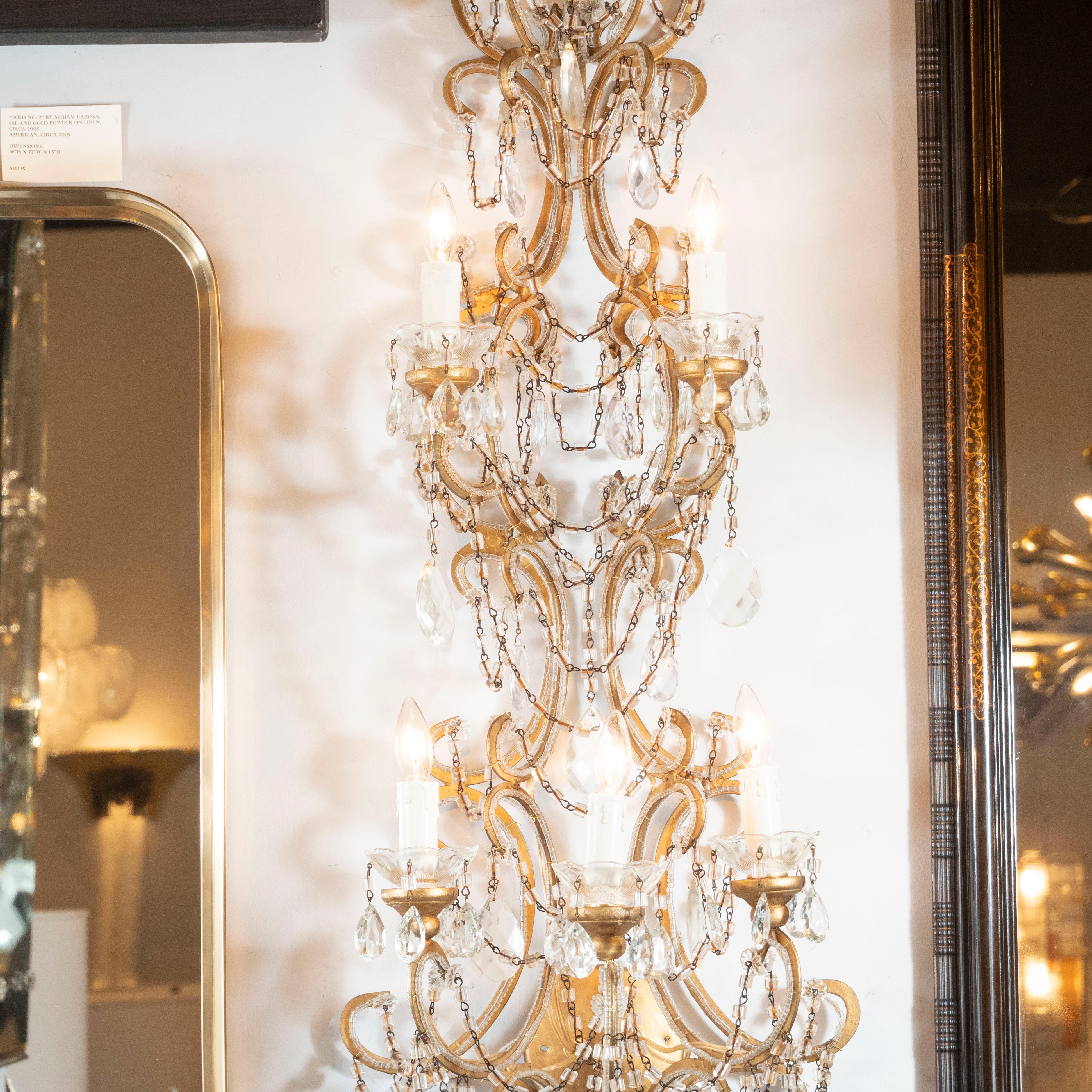 Pair of Hollywood Regency Monumental Gilded Bronze and Faceted Crystal Sconces In Excellent Condition In New York, NY