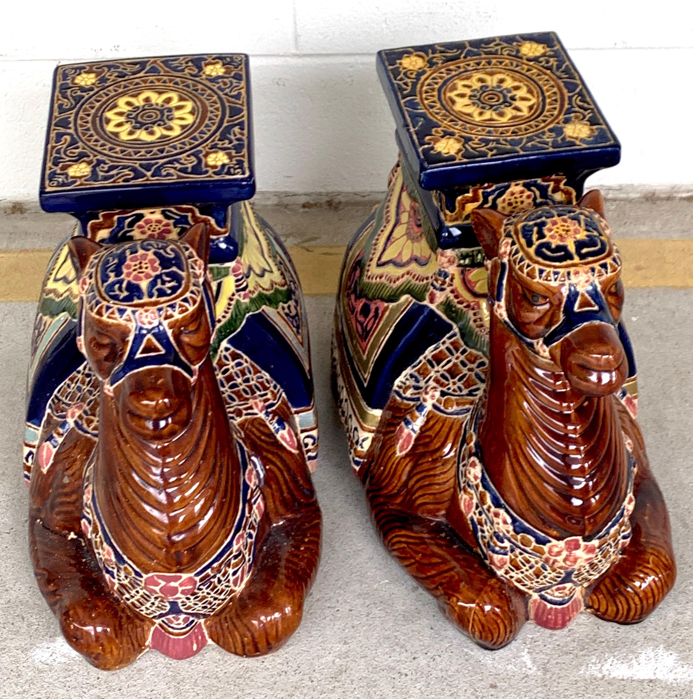 North American Pair of Hollywood Regency Moorish Majolica Camel Garden Seats For Sale