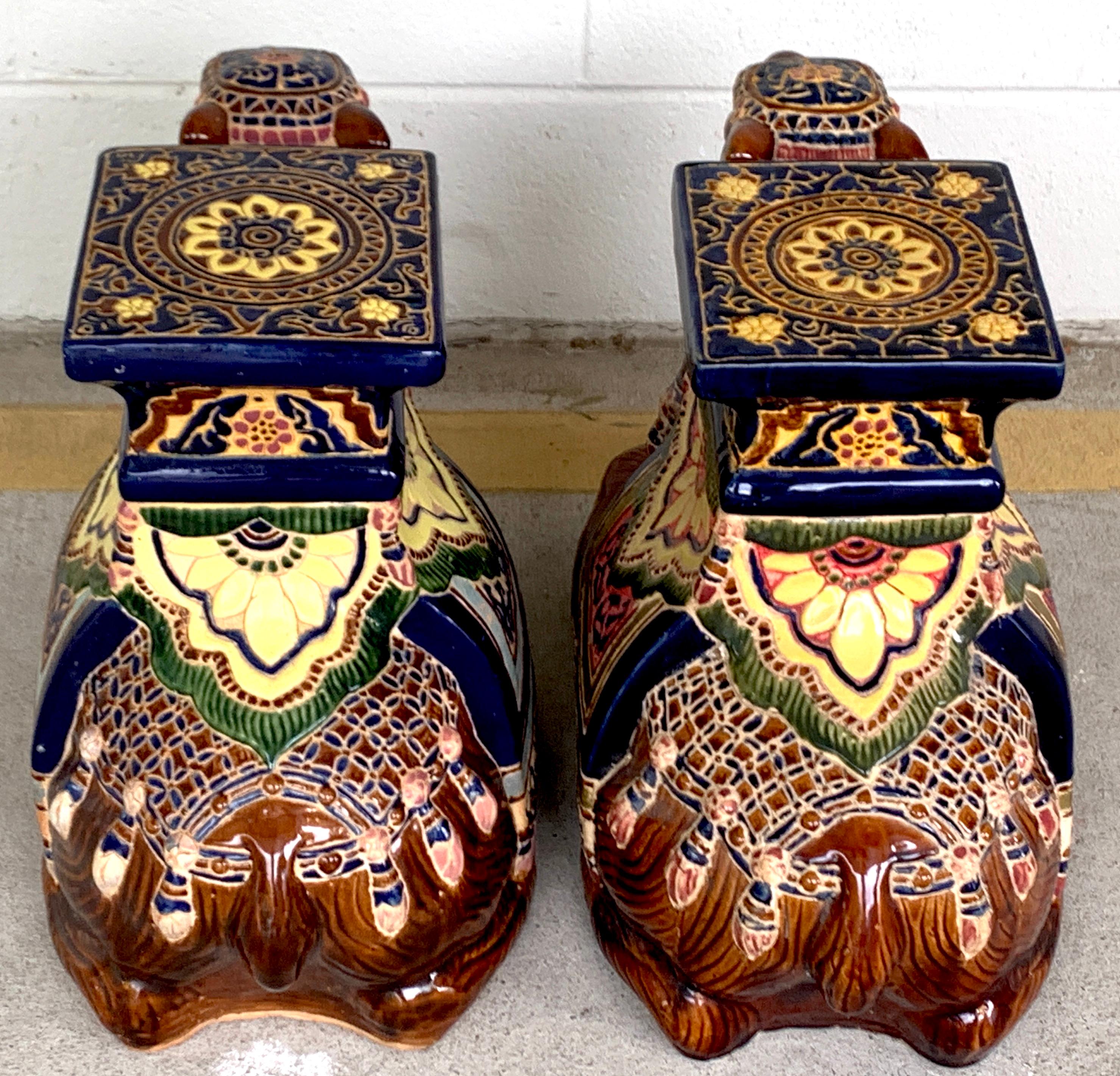 Hand-Painted Pair of Hollywood Regency Moorish Majolica Camel Garden Seats For Sale