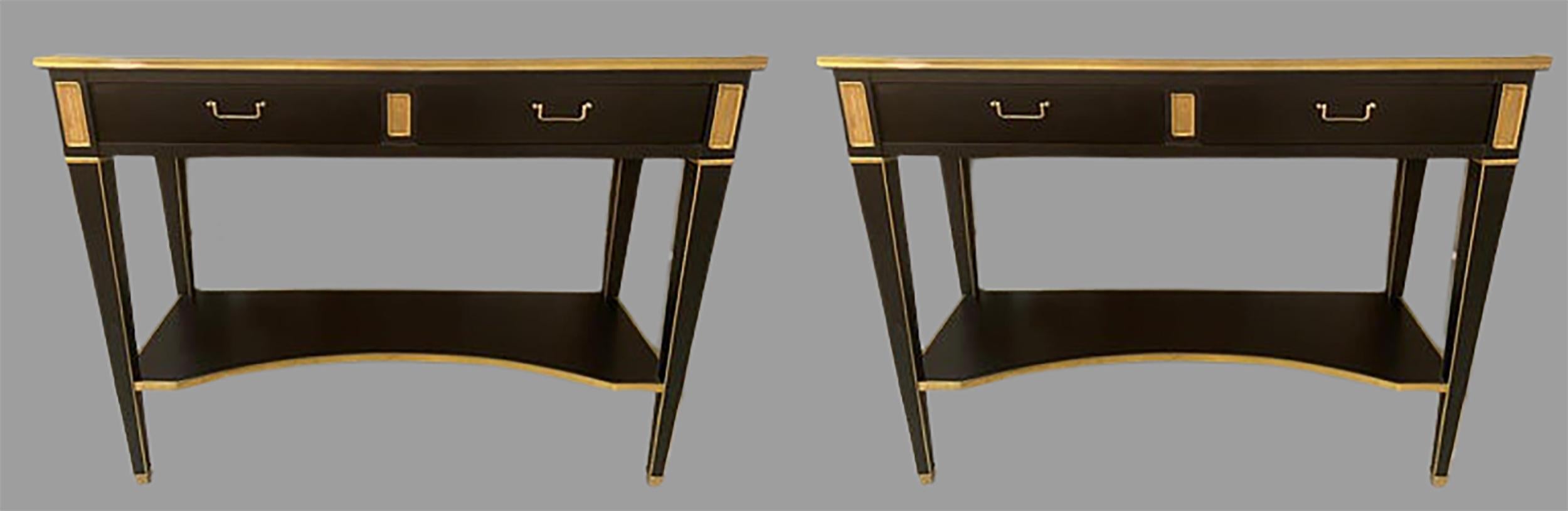 Pair of Hollywood Regency Neoclassical Ebony Console Tables Manner Jansen In Good Condition In Stamford, CT