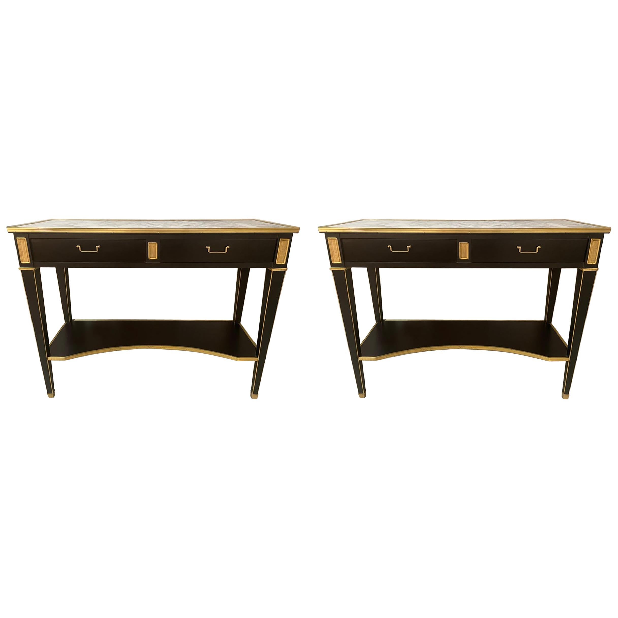 Pair of Hollywood Regency Neoclassical Ebony Console Tables Manner Jansen