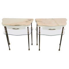 Pair of Hollywood Regency Nightstands done in Bronze with Pink Marble tops