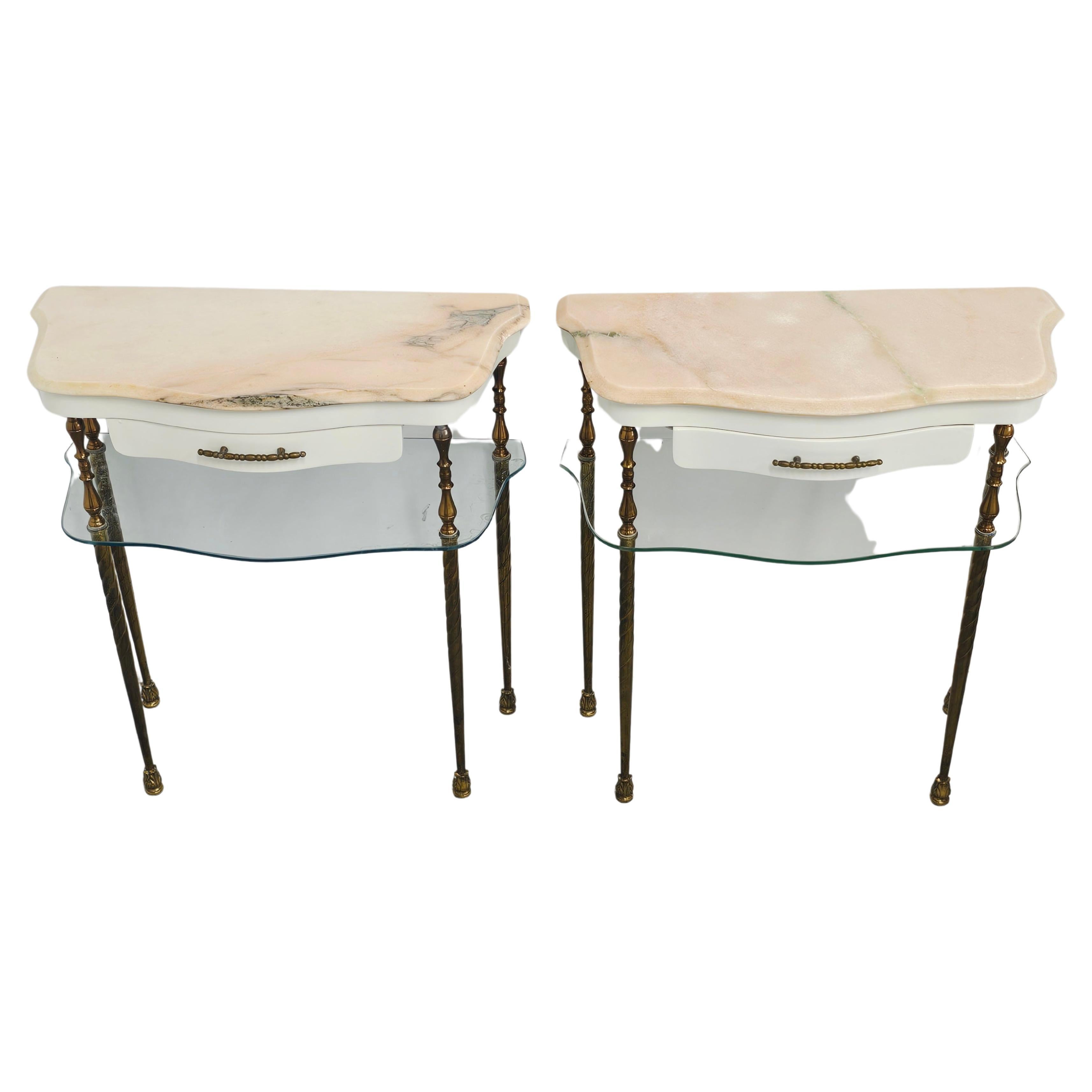 Pair of Hollywood Regency Nightstands done in Bronze with Pink Marble tops For Sale