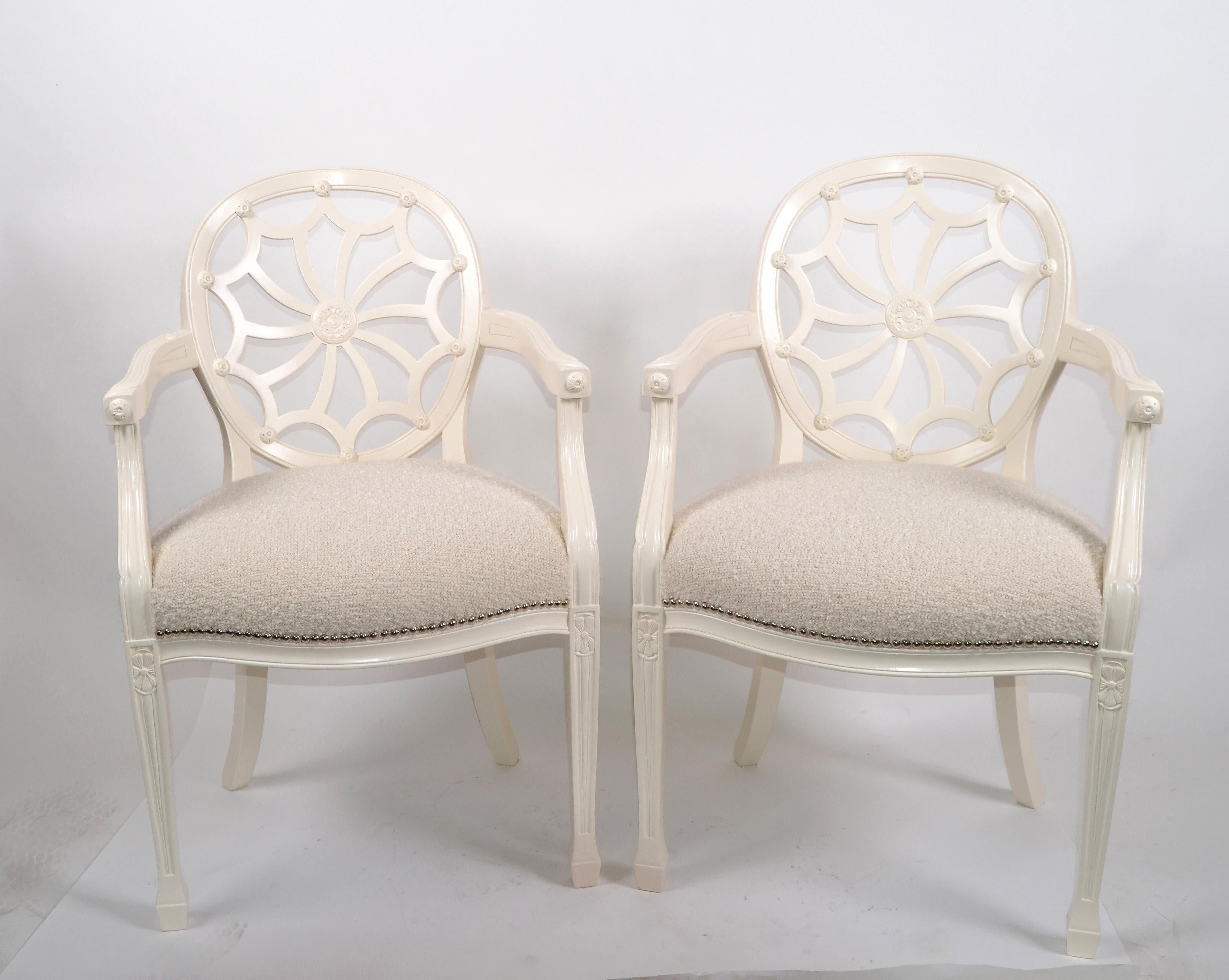 Pair of Hollywood Regency Off White Wooden Ornate Armchairs Beige Bouclé Fabric 6