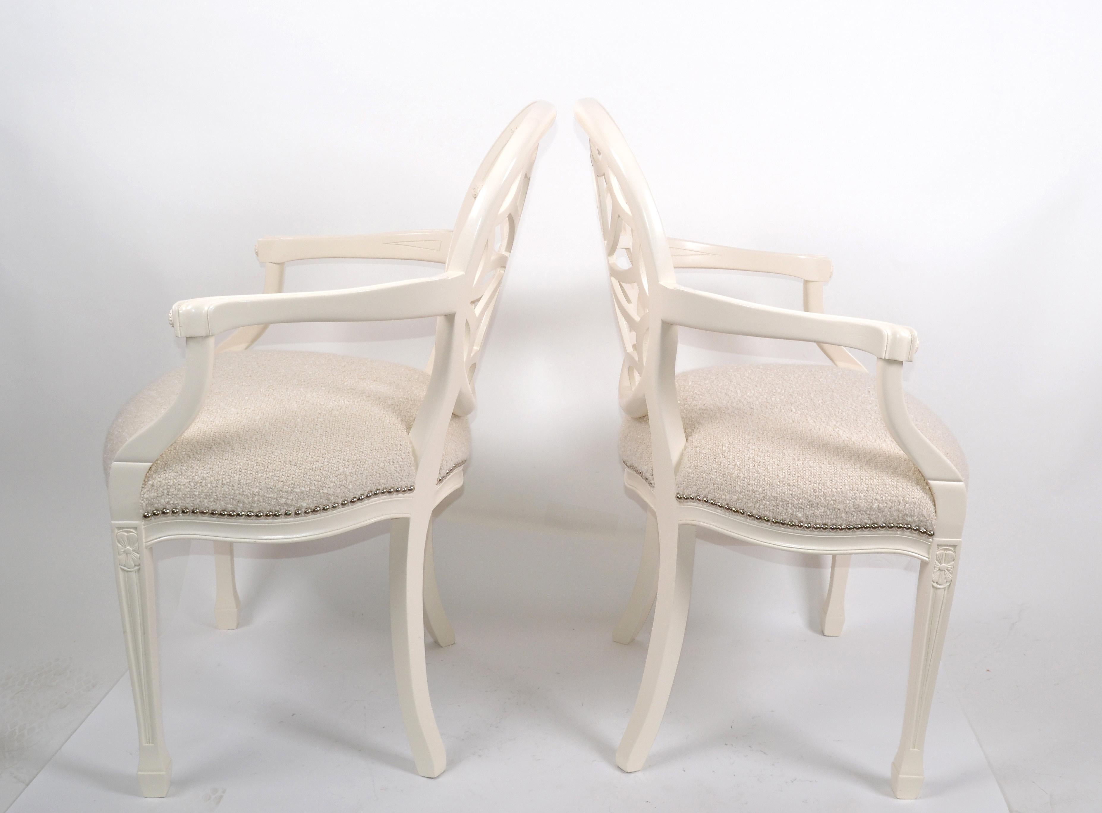American Pair of Hollywood Regency Off White Wooden Ornate Armchairs Beige Bouclé Fabric