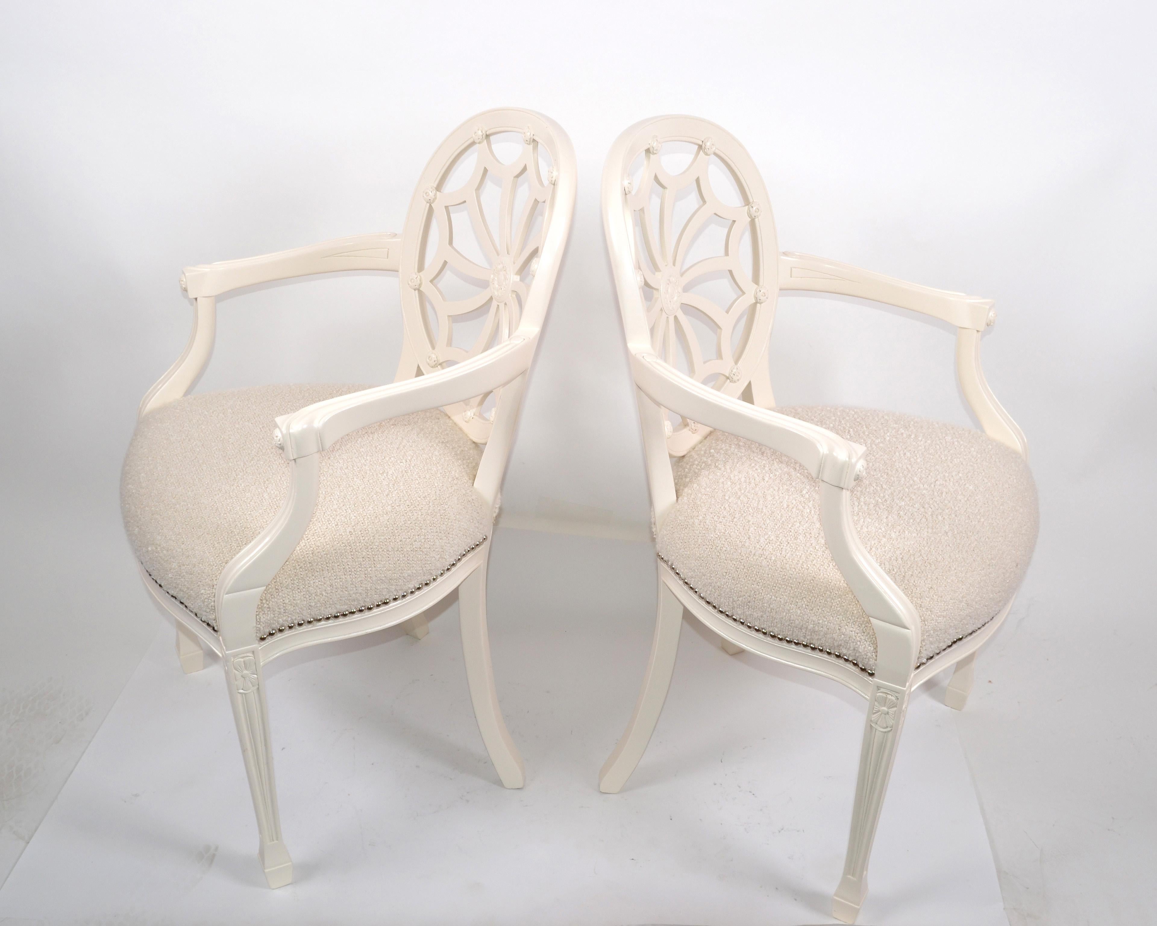 Carved Pair of Hollywood Regency Off White Wooden Ornate Armchairs Beige Bouclé Fabric