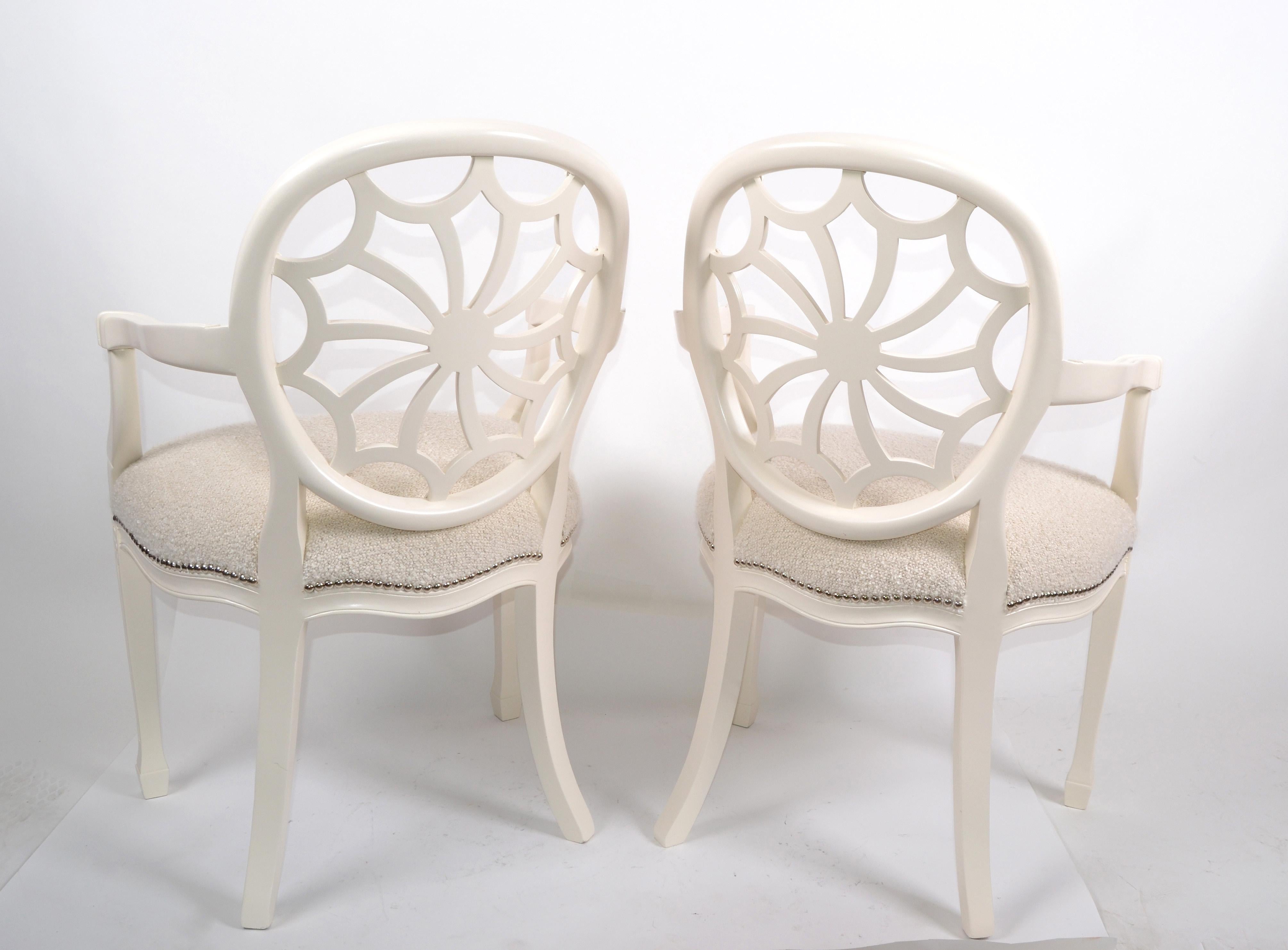 Pair of Hollywood Regency Off White Wooden Ornate Armchairs Beige Bouclé Fabric In Excellent Condition In Miami, FL