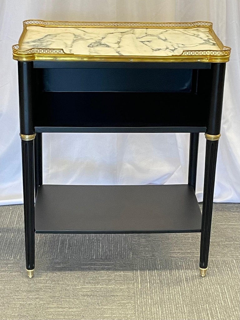 French Pair of Hollywood Regency Open Nightstands, End Tables Manner Jansen, Marble Top For Sale
