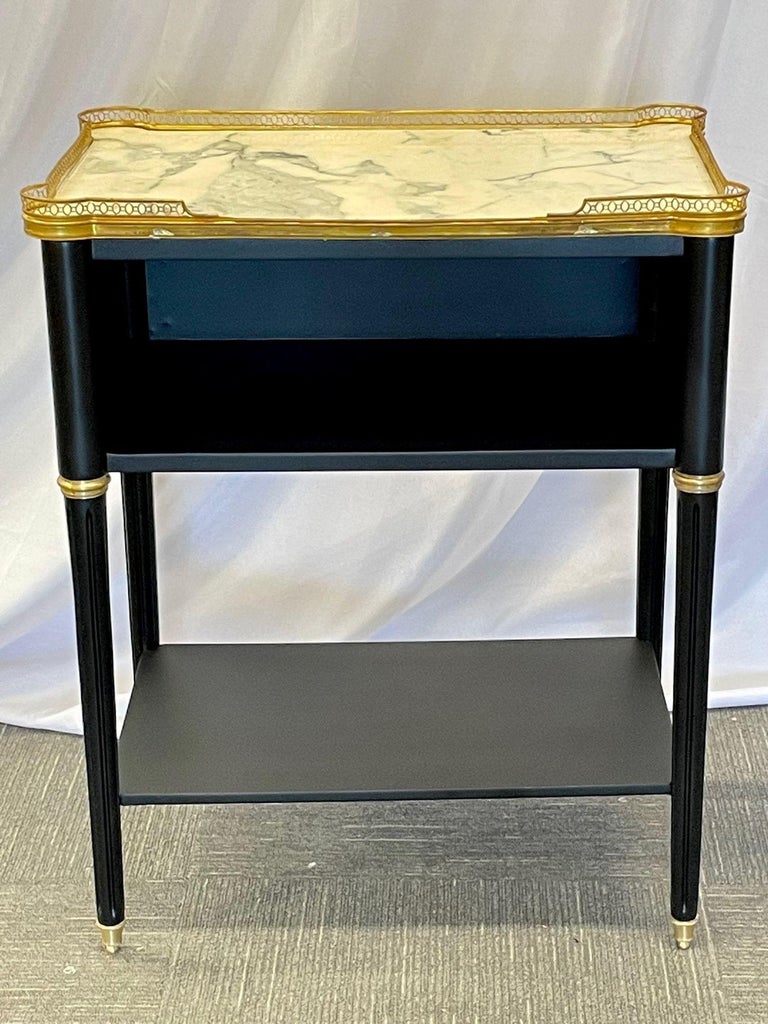 Pair of Hollywood Regency Open Nightstands, End Tables Manner Jansen, Marble Top In Good Condition For Sale In Stamford, CT