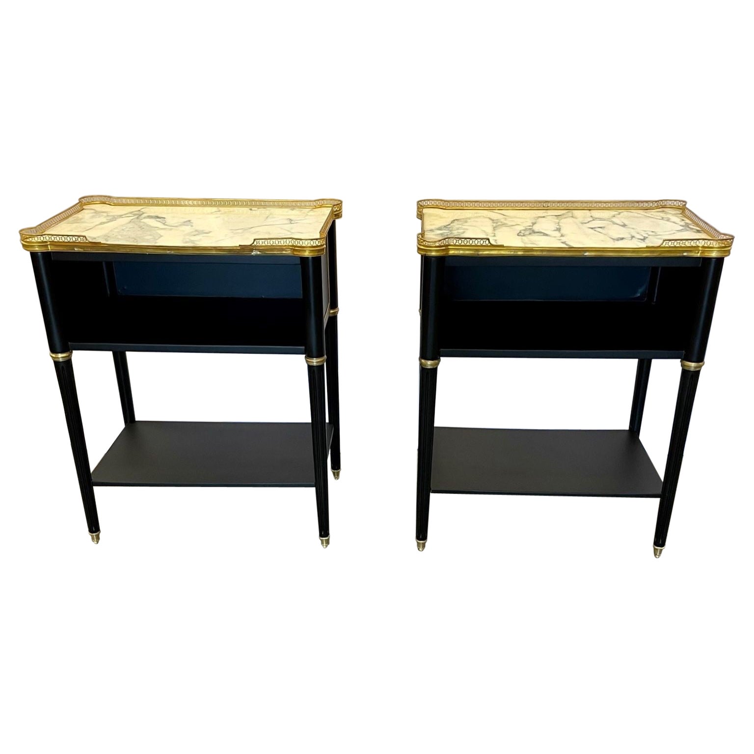 Pair of Hollywood Regency Open Nightstands, End Tables Manner Jansen, Marble Top