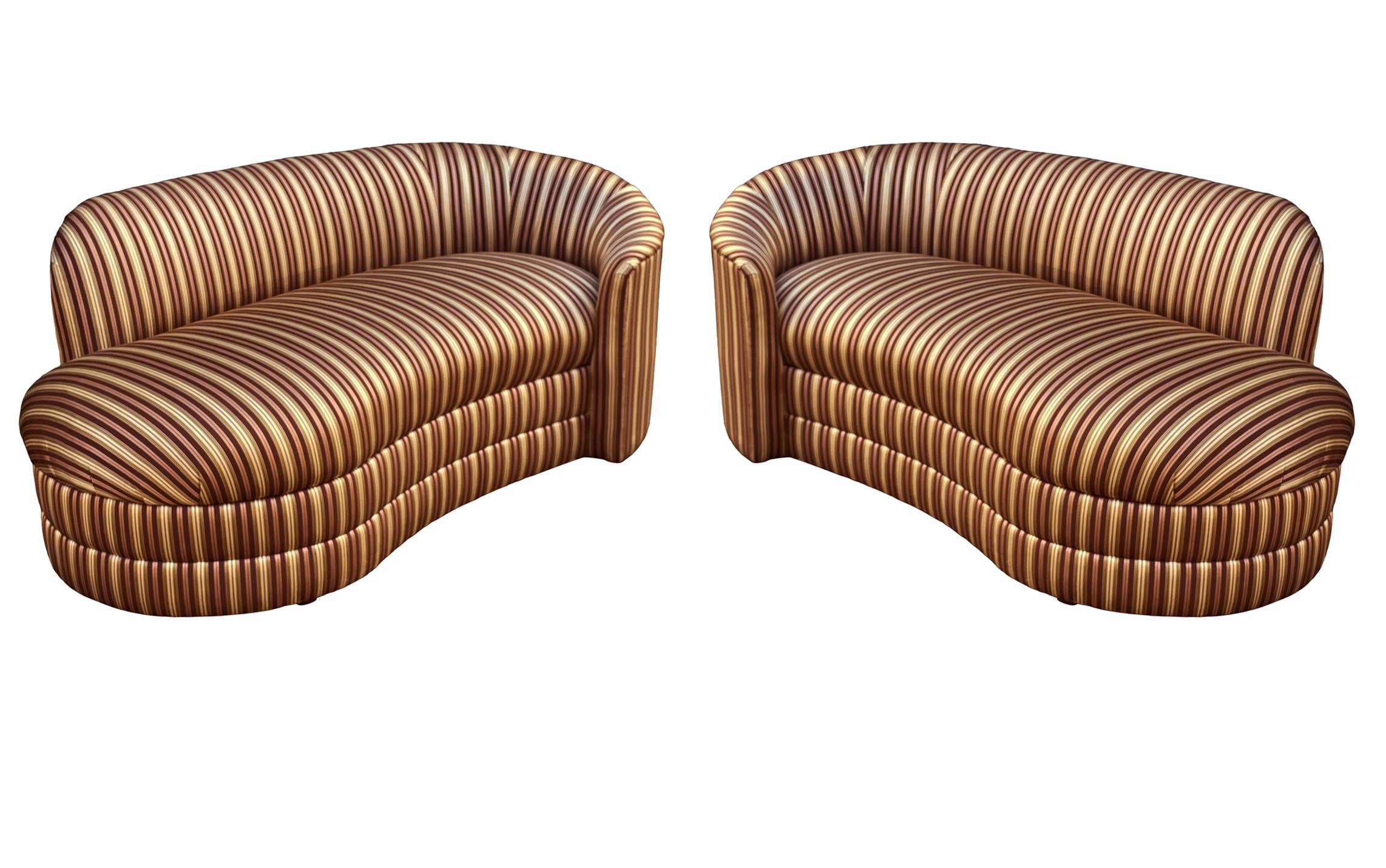 Pair of Hollywood Regency Opposing Curved Chaise Lounges, Sofas or Loveseats  For Sale 1