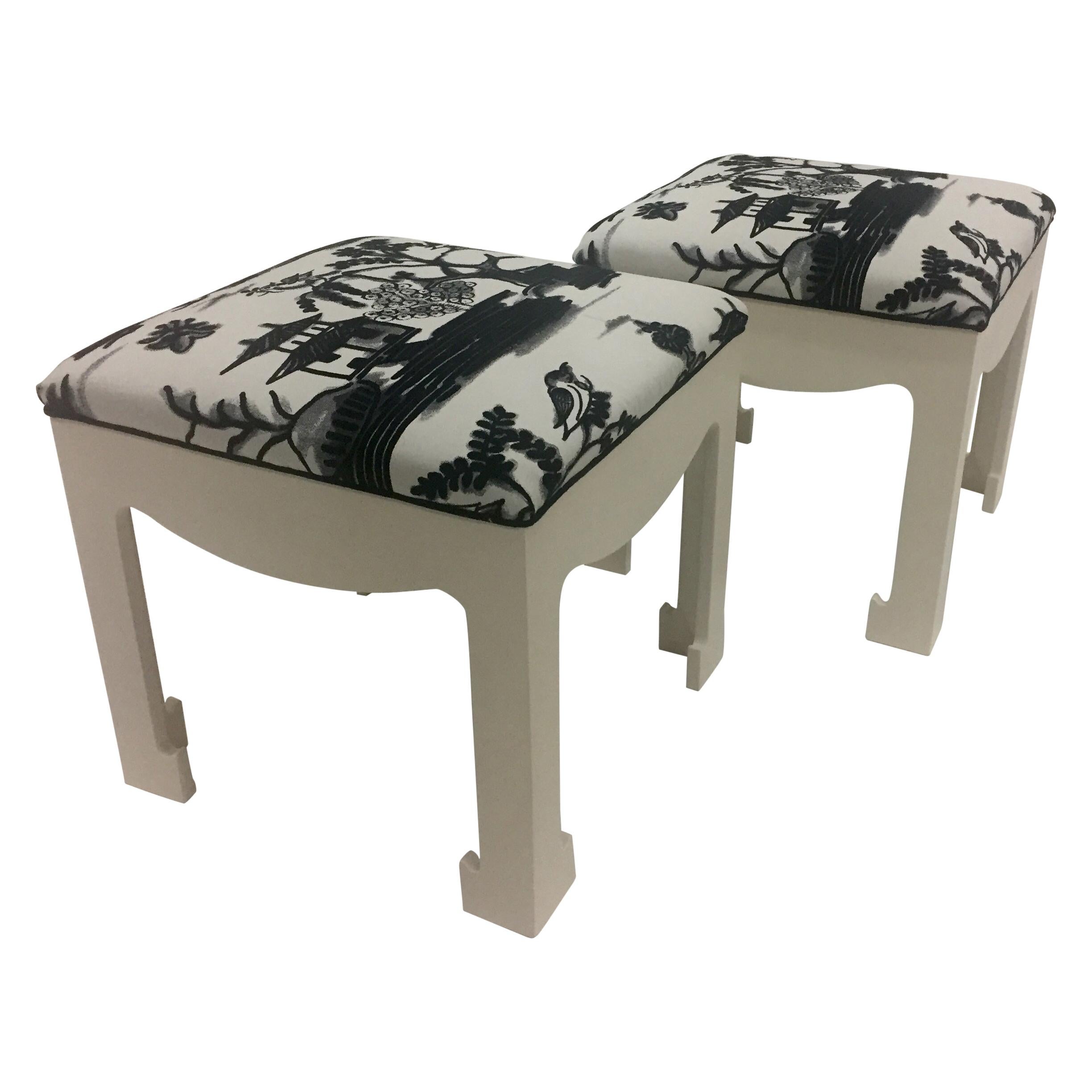 Pair of Hollywood Regency Ottomans with Scalamandre Upholstery