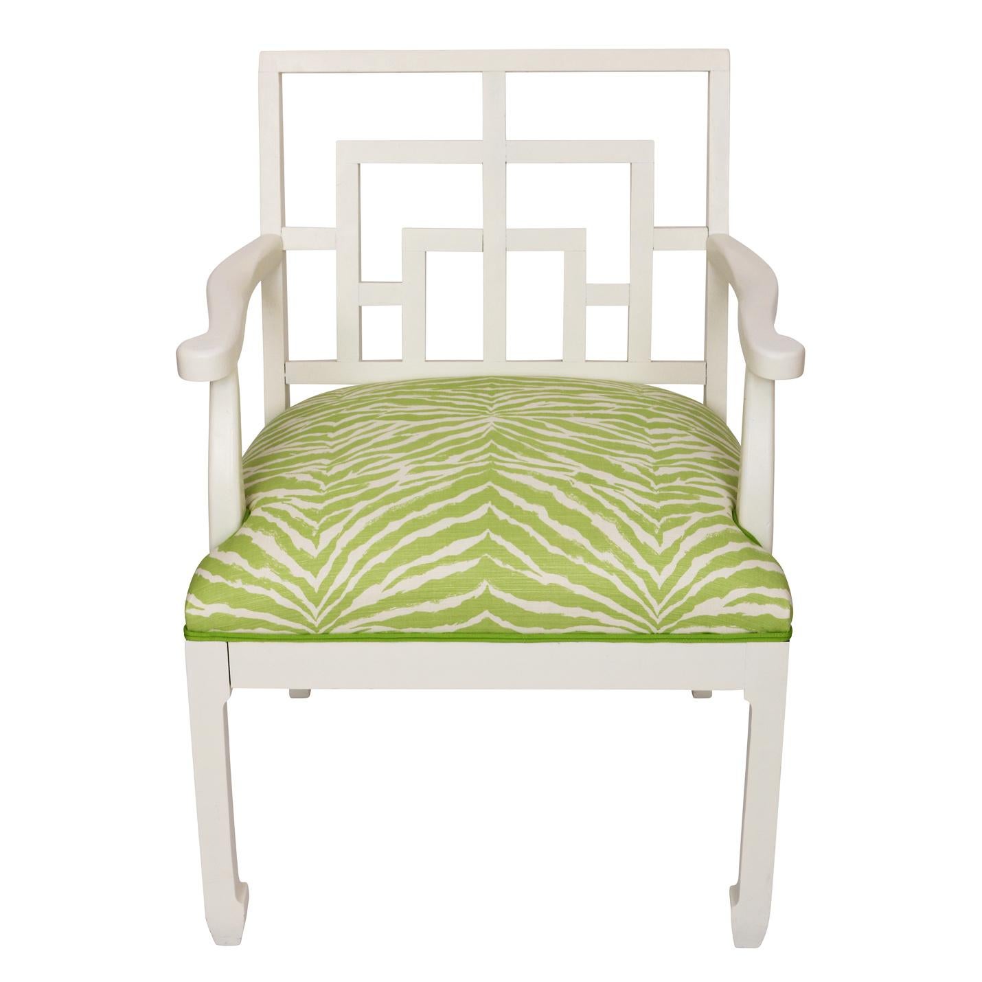 Unknown Pair of Hollywood Regency Painted Chair in Quadrille Green Zebra Fabric