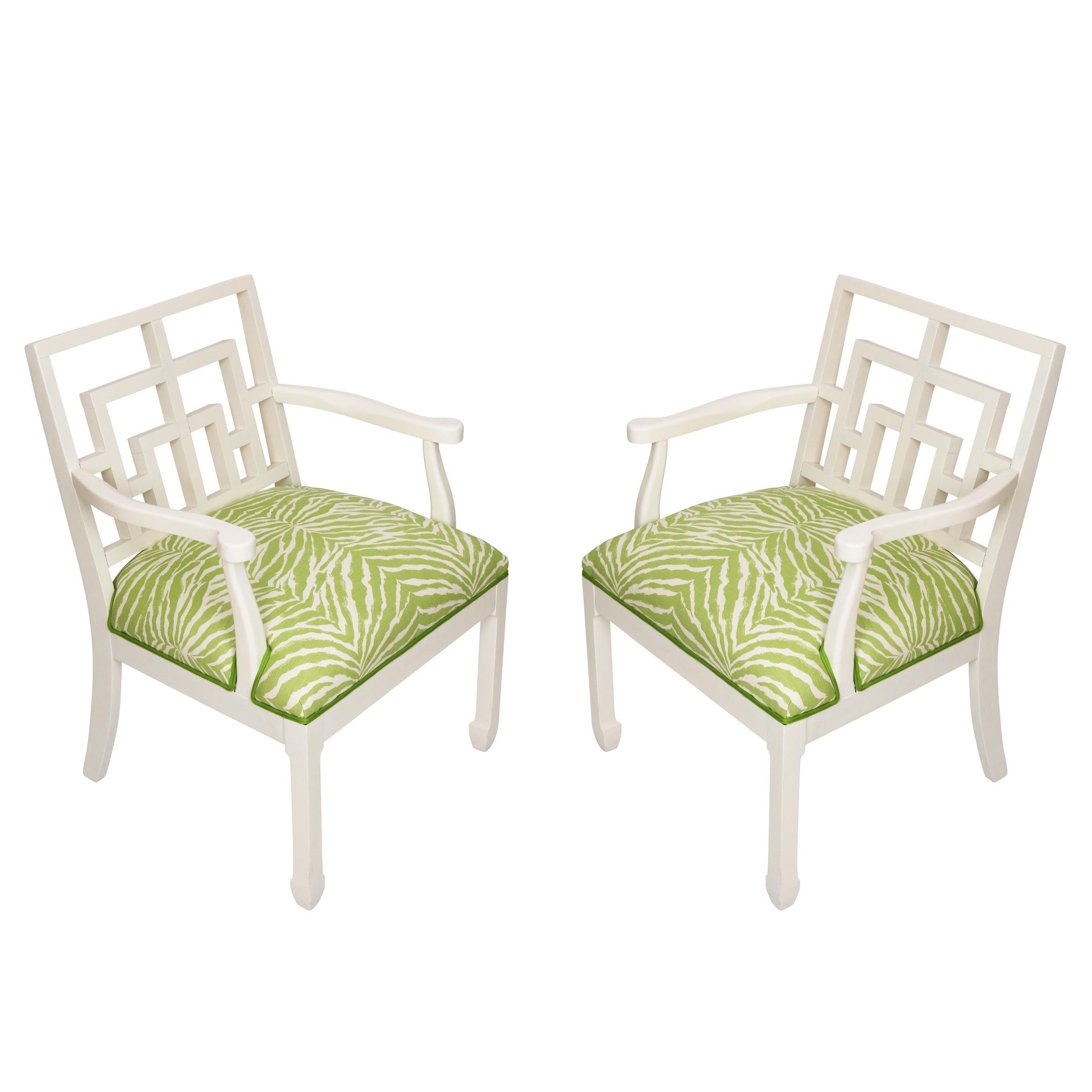 Pair of Hollywood Regency Painted Chair in Quadrille Green Zebra Fabric In Good Condition In Locust Valley, NY