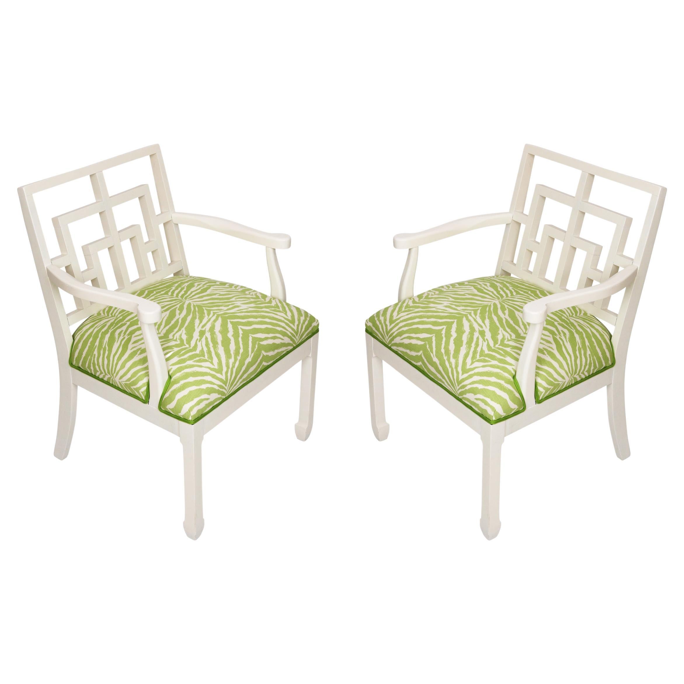 Pair of Hollywood Regency Painted Chair in Quadrille Green Zebra Fabric