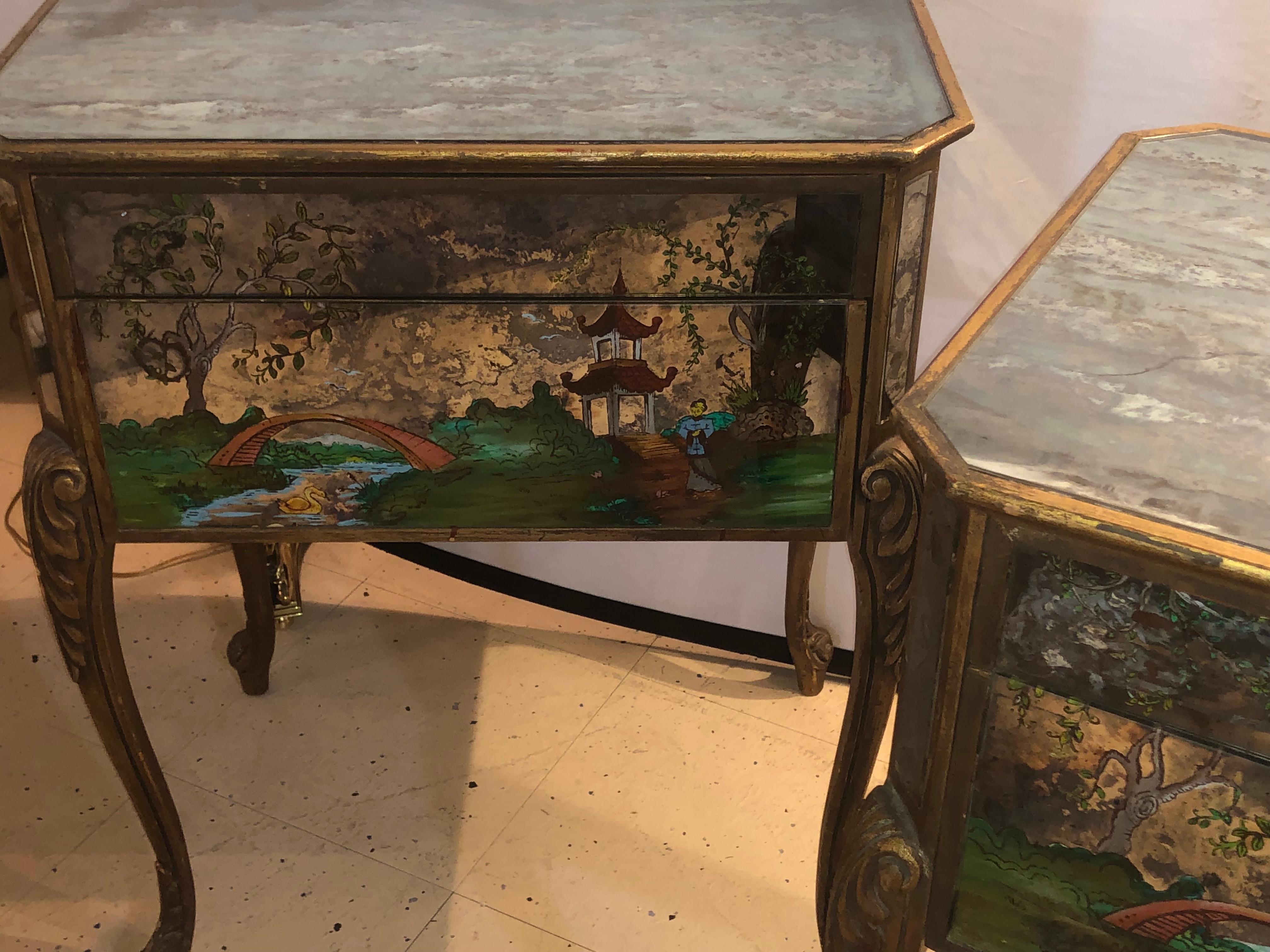 Pair of Hollywood Regency Painted End or Night Tables on Mirrored Cases 10