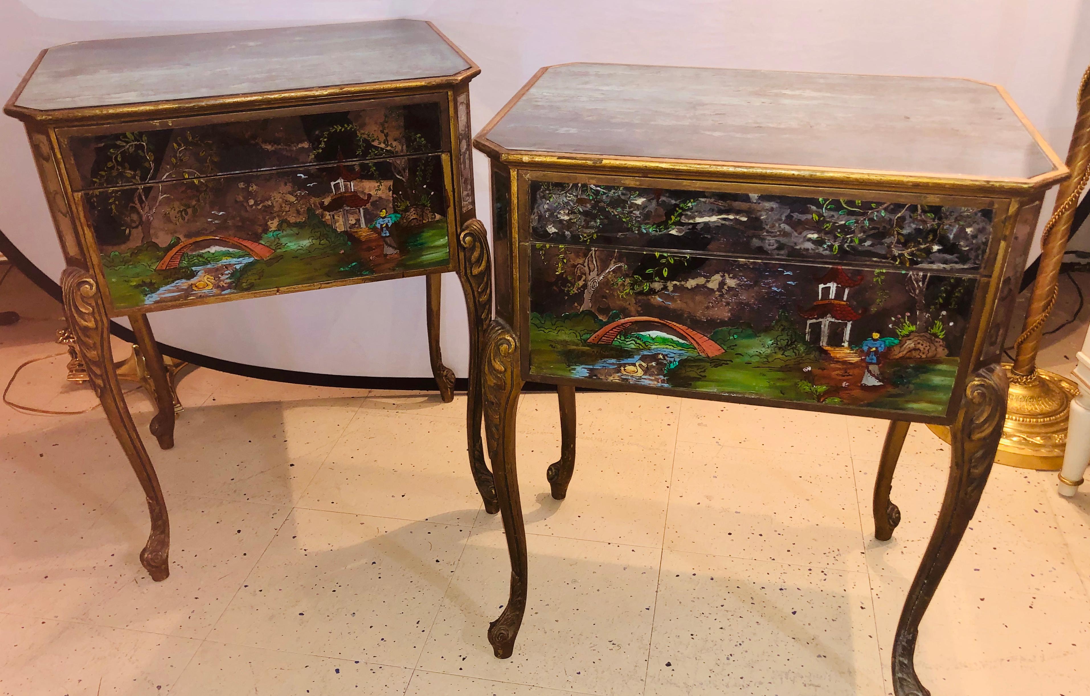 Chinoiserie Pair of Hollywood Regency Painted End or Night Tables on Mirrored Cases