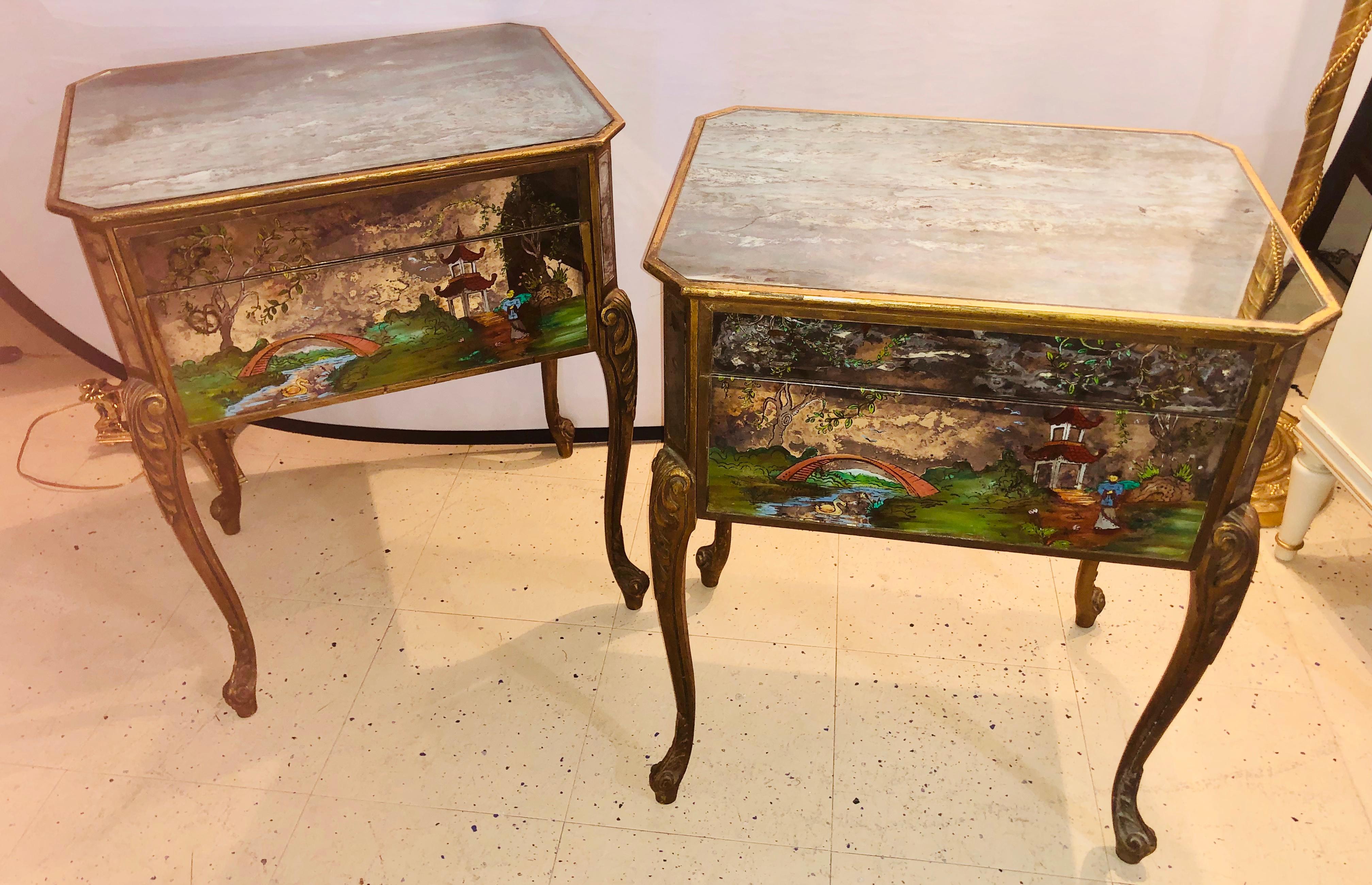 English Pair of Hollywood Regency Painted End or Night Tables on Mirrored Cases