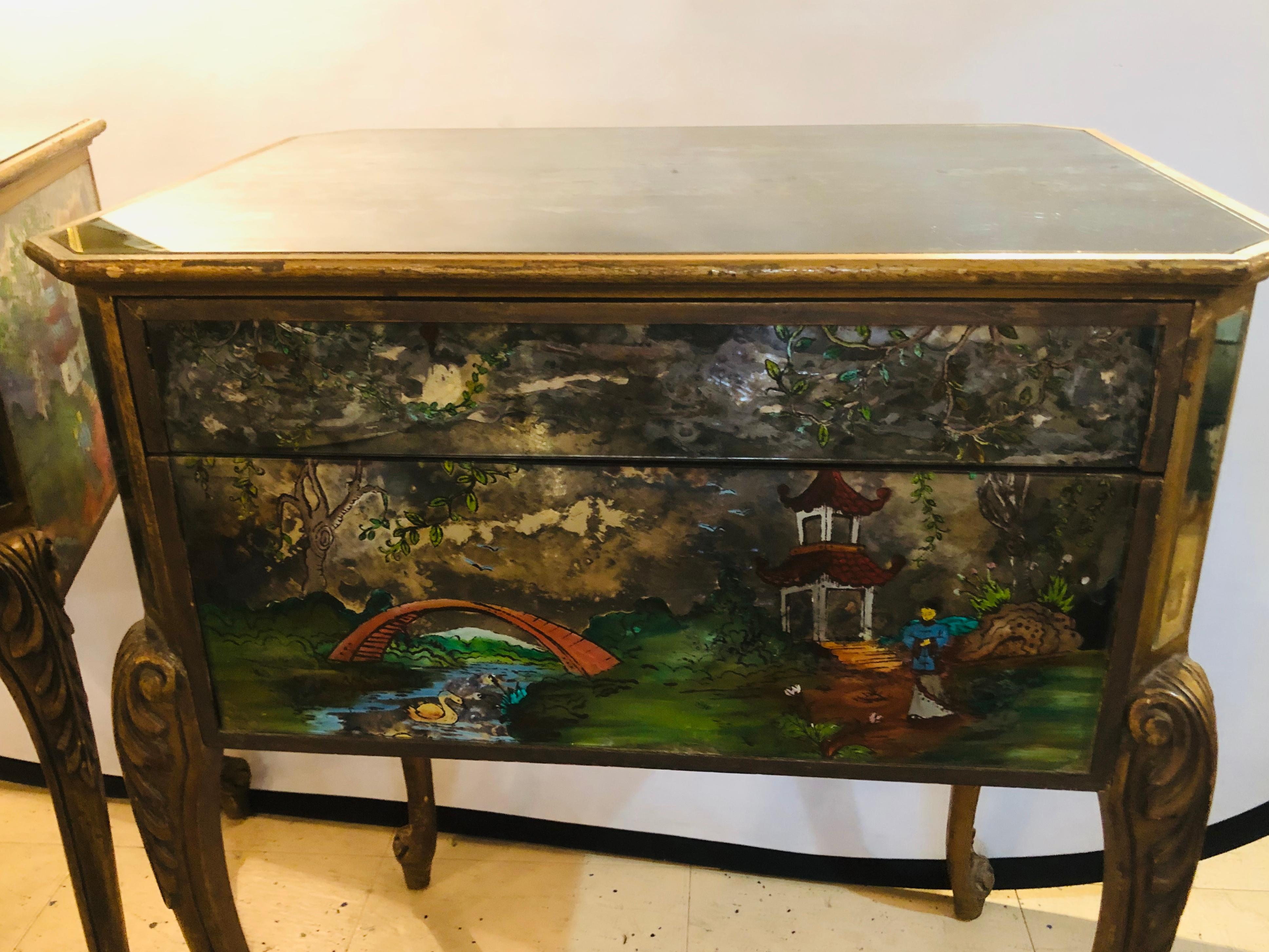 Pair of Hollywood Regency Painted End or Night Tables on Mirrored Cases In Good Condition In Stamford, CT