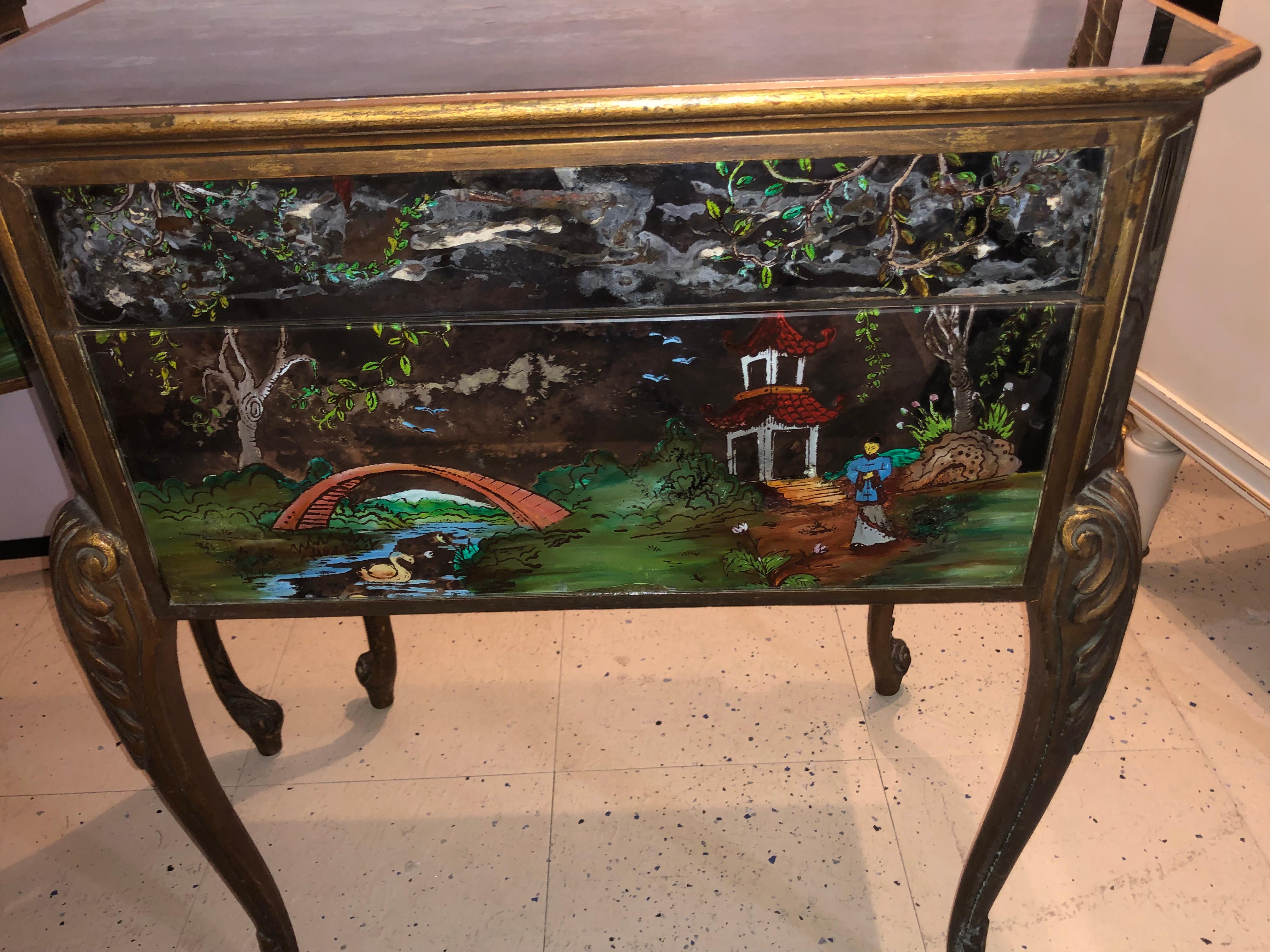 Pair of Hollywood Regency Painted End or Night Tables on Mirrored Cases 3