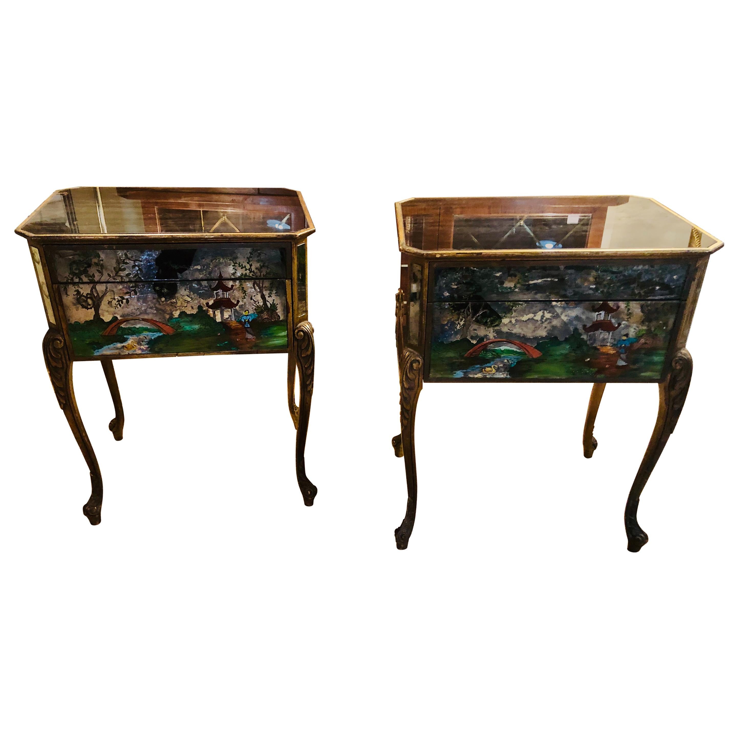 Pair of Hollywood Regency Painted End or Night Tables on Mirrored Cases