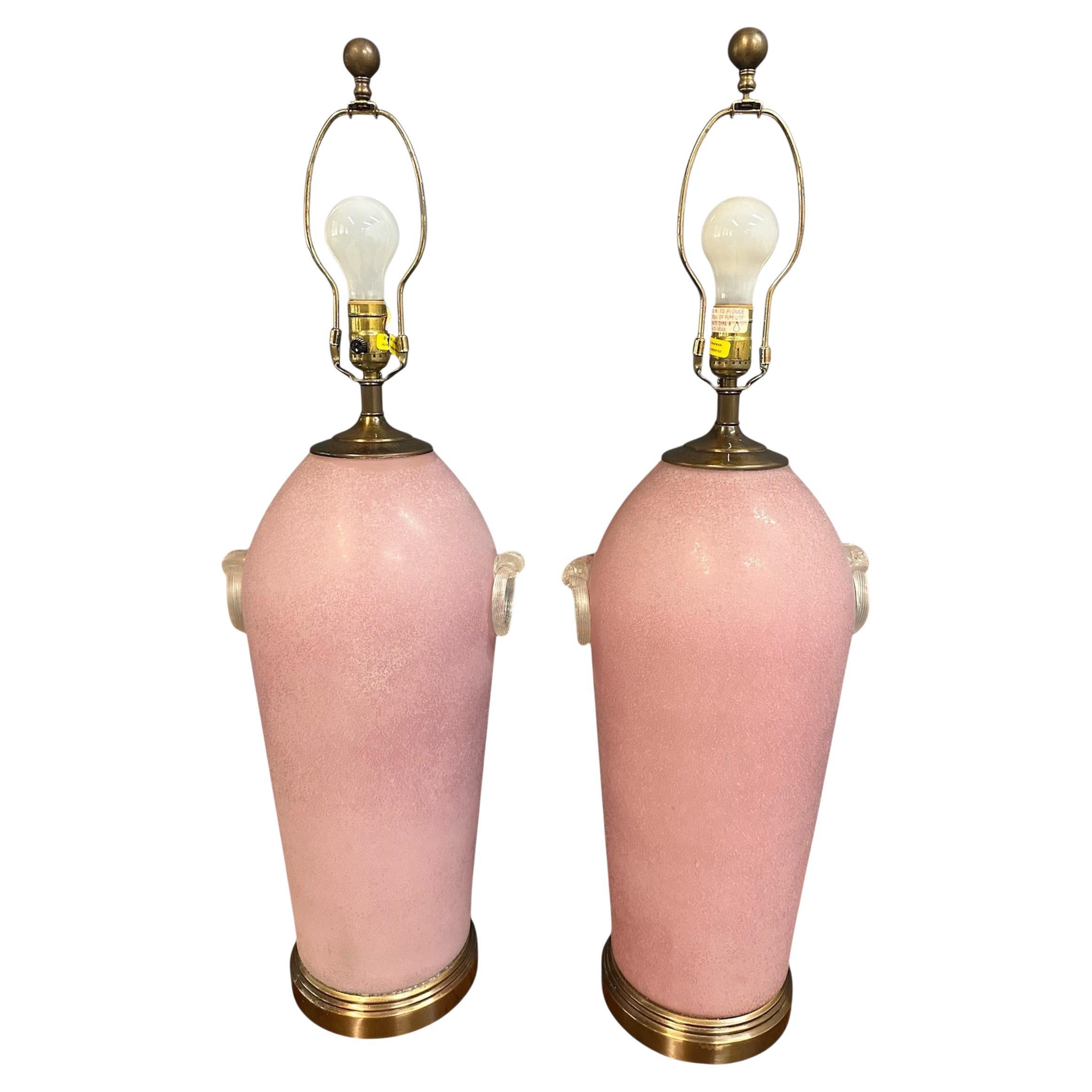 Pair of Hollywood Regency Pink Acid Etched Glass Urn Lamps by Chapman en vente