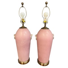Pair of Hollywood Regency Pink Acid Etched Glass Urn Lamps by Chapman