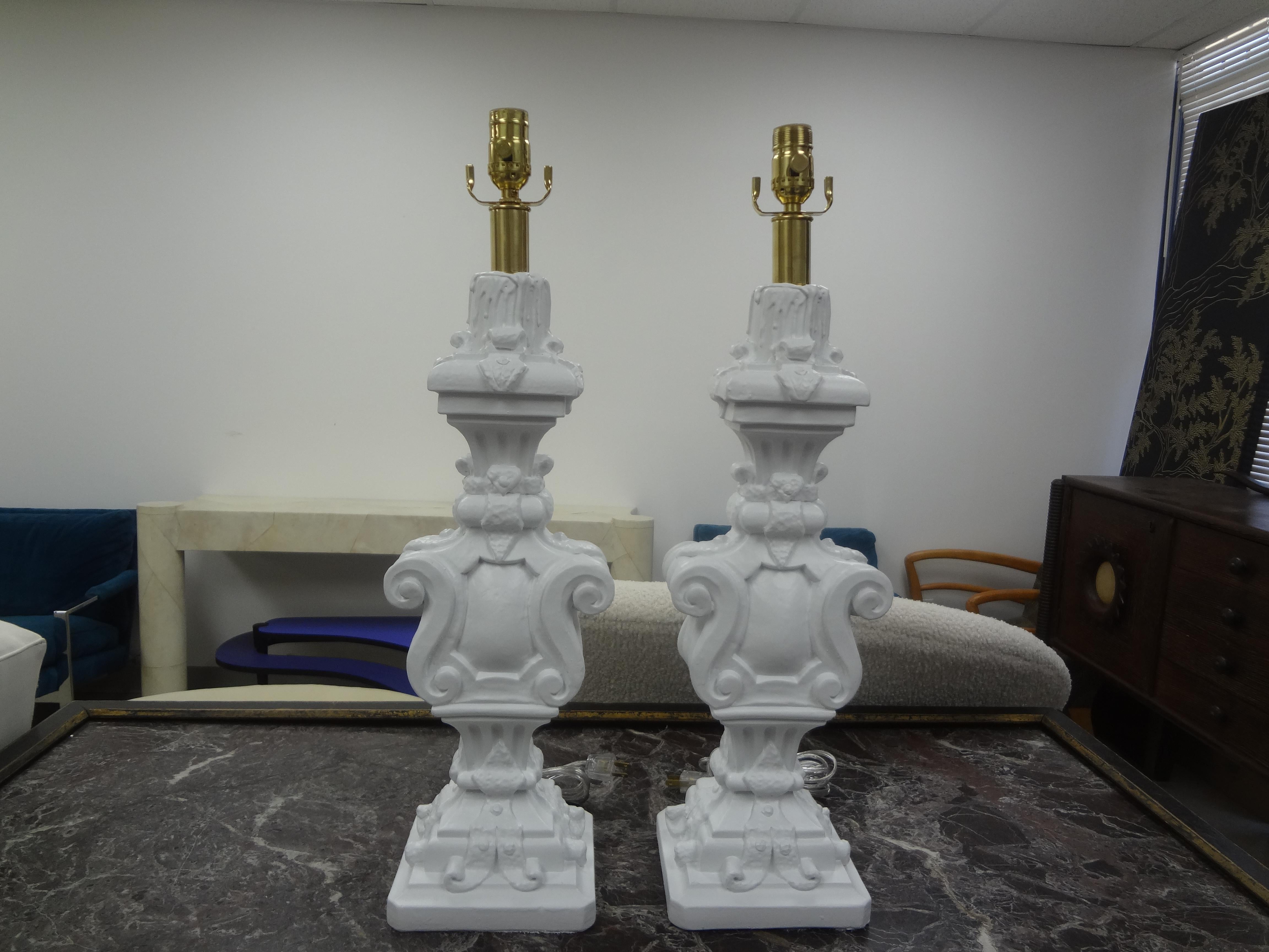 Pair Of Hollywood Regency Plaster Lamps.
This great pair of Dorothy Draper style plaster lamps are in very good condition, newly wired with new sockets and ready for your choice of shades.