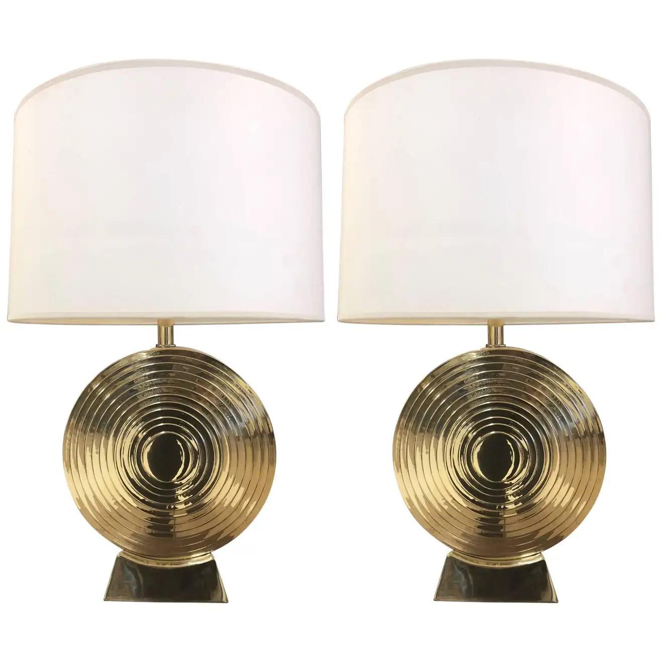 Pair of Hollywood Regency Polished Brass Disc Lamps For Sale