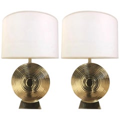 Pair of Hollywood Regency Polished Brass Disc Lamps