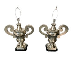 Pair of Hollywood Regency Polished Nickel Table Lamps, Large Urns