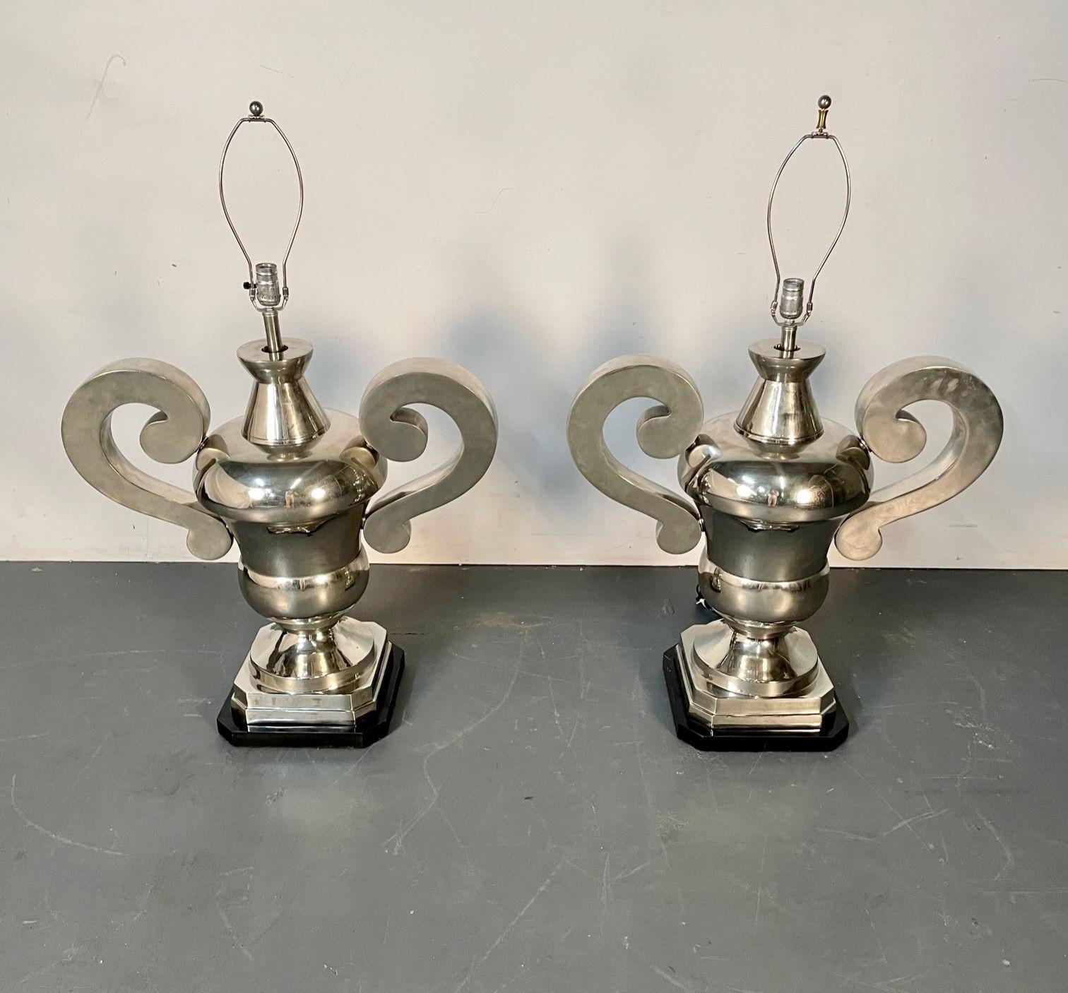American Pair of Hollywood Regency Polished Nickel Table Lamps, Large Urns For Sale