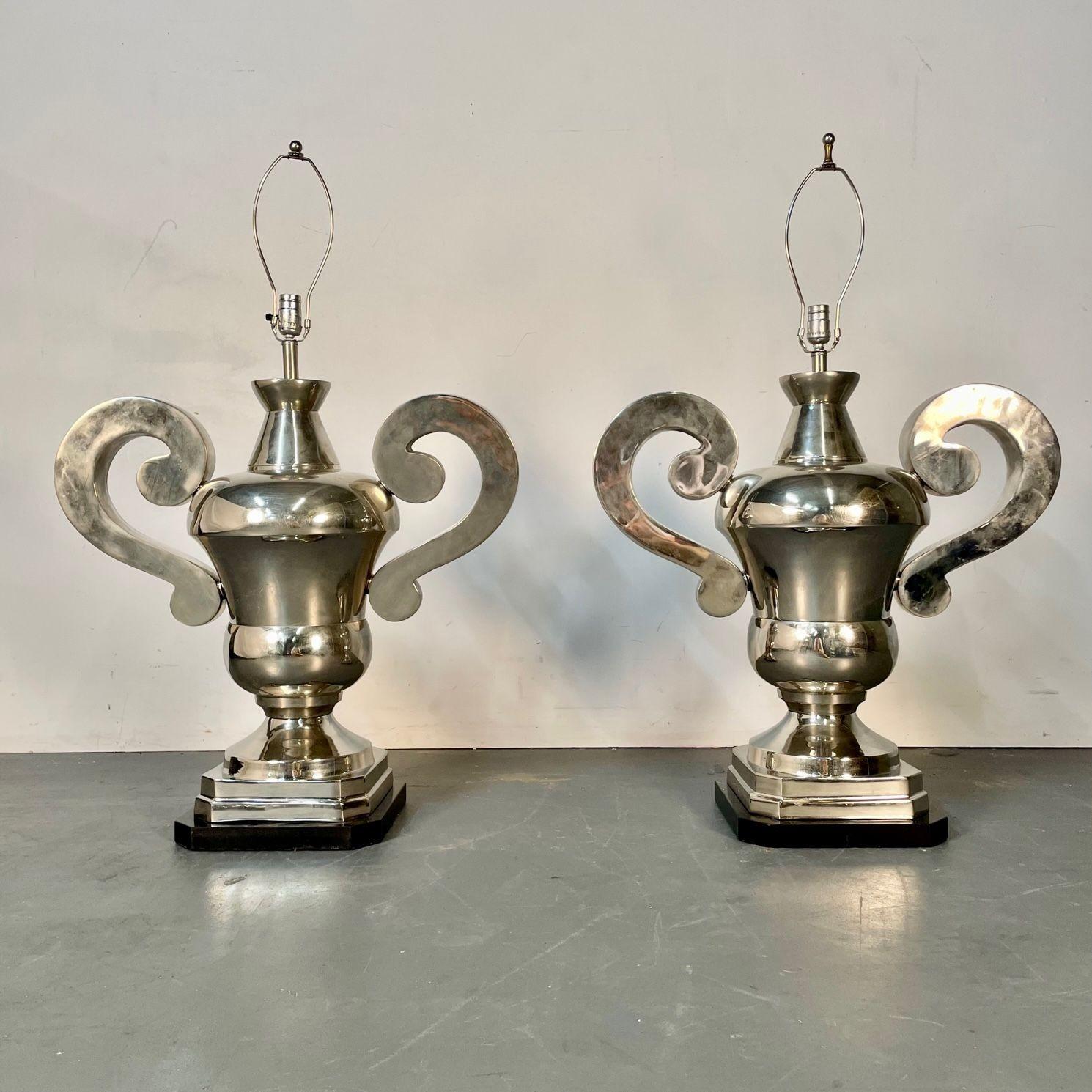 Pair of Hollywood Regency Polished Nickel Table Lamps, Large Urns In Good Condition For Sale In Stamford, CT